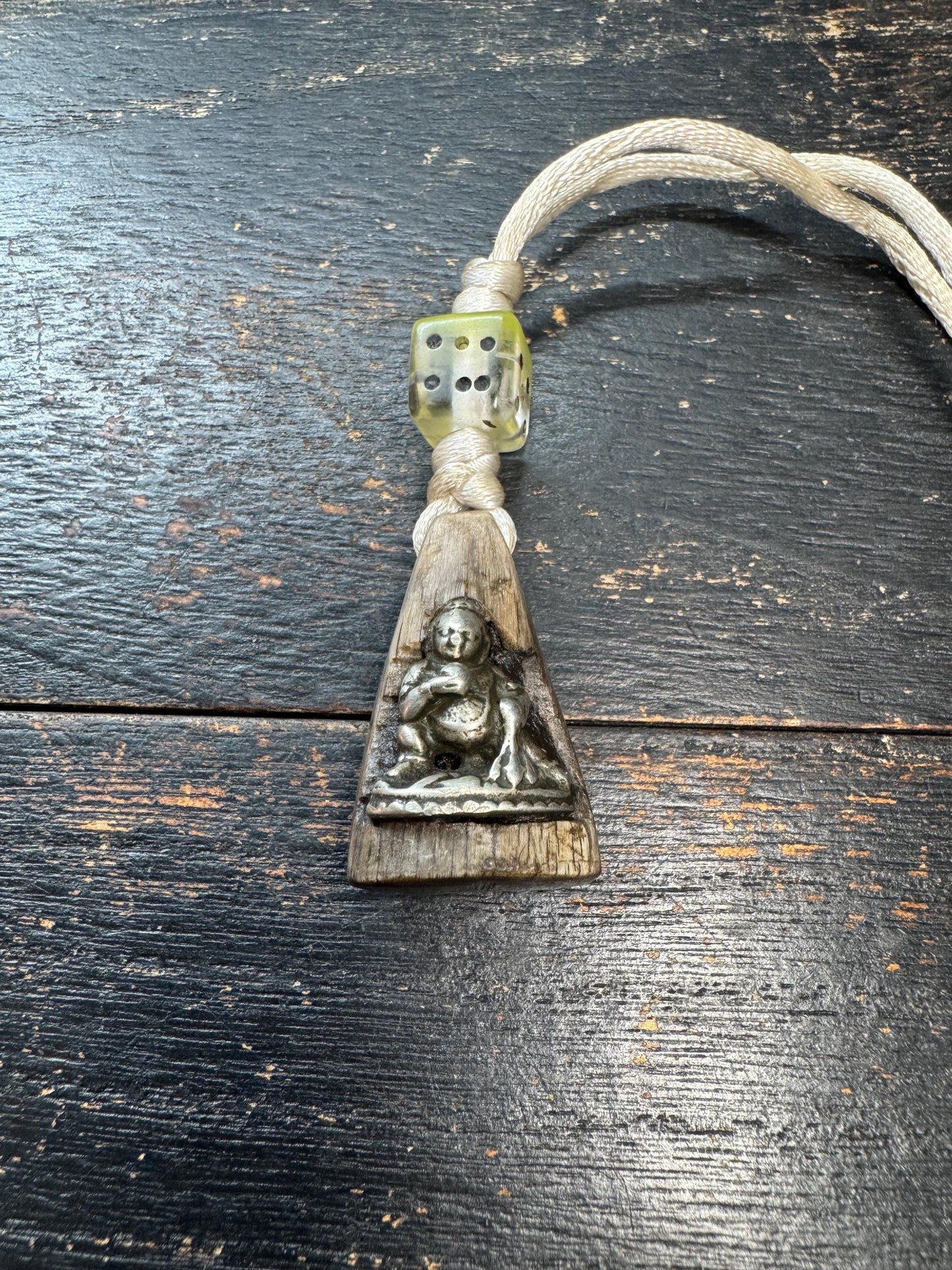 Vintage Himalayan Horn Pendant with Brass Black Jambhala, Tibetan Wealth Deity Amulet, Nepal Folk Art Talisman, Handcrafted Horn Charm