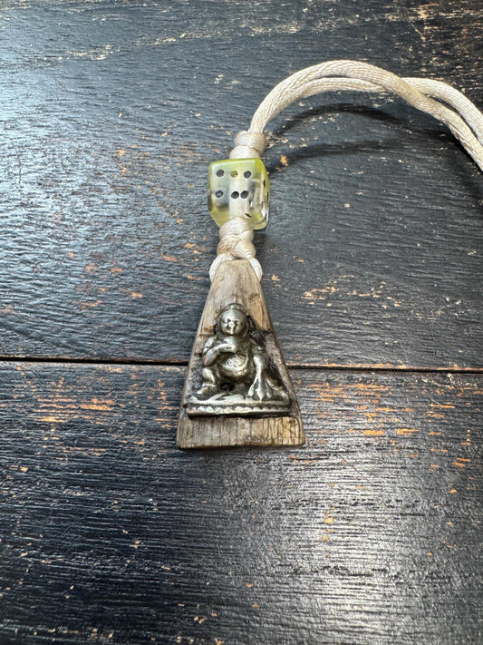 Vintage Himalayan Horn Pendant with Brass Black Jambhala, Tibetan Wealth Deity Amulet, Nepal Folk Art Talisman, Handcrafted Horn Charm