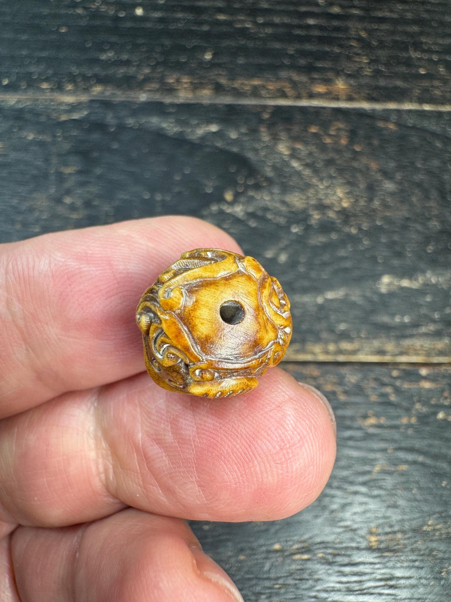 Vintage Yak Bone Three-Legged Toad Guru Bead | Hand-Carved Fortune Frog Mala Bead | Himalayan Style Carved Bone Spacer Bead