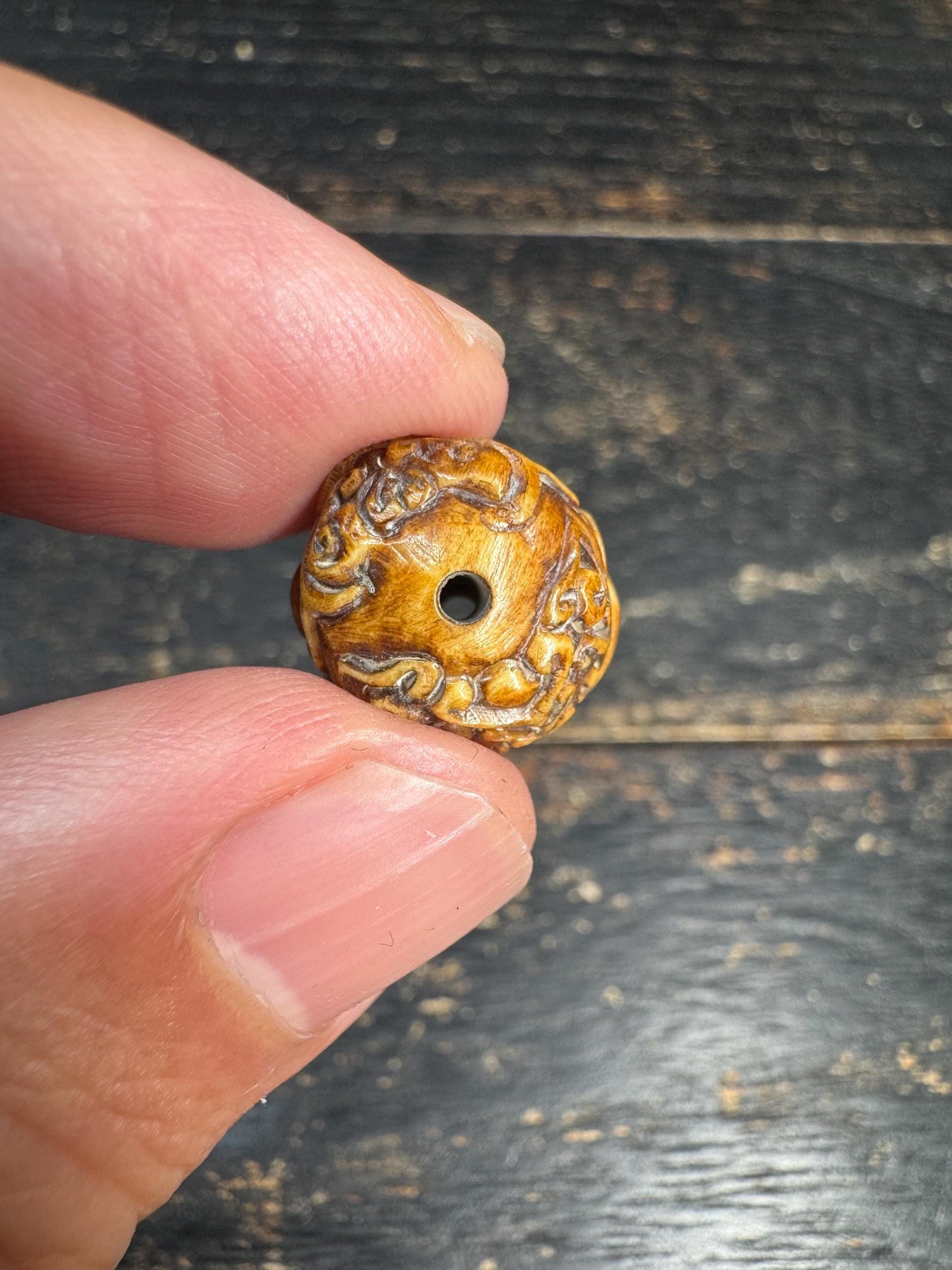 Vintage Yak Bone Three-Legged Toad Guru Bead | Hand-Carved Fortune Frog Mala Bead | Himalayan Style Carved Bone Spacer Bead