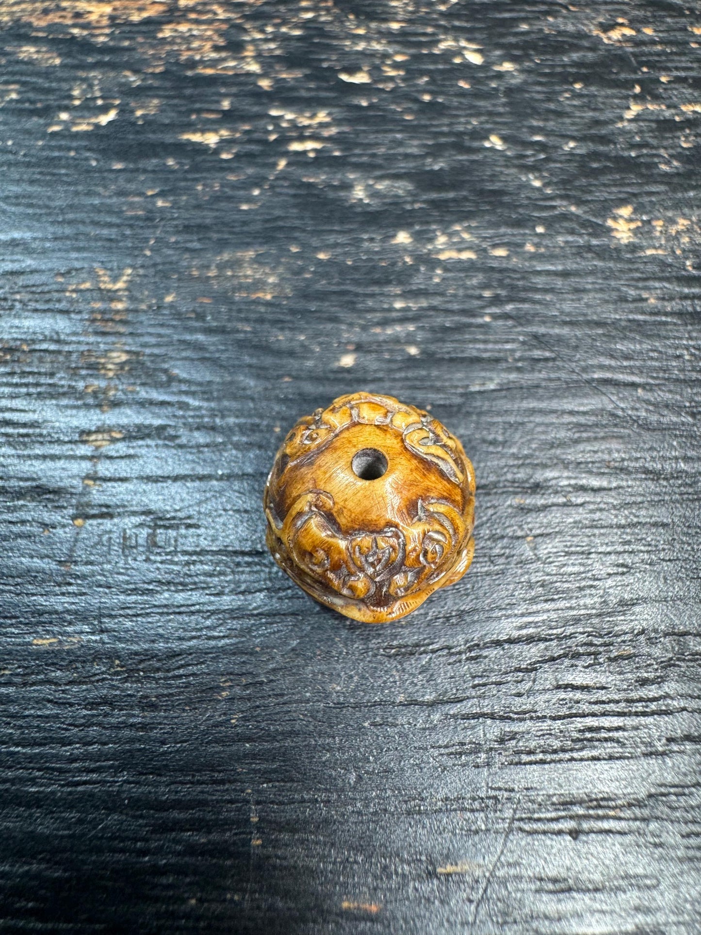 Vintage Yak Bone Three-Legged Toad Guru Bead | Hand-Carved Fortune Frog Mala Bead | Himalayan Style Carved Bone Spacer Bead