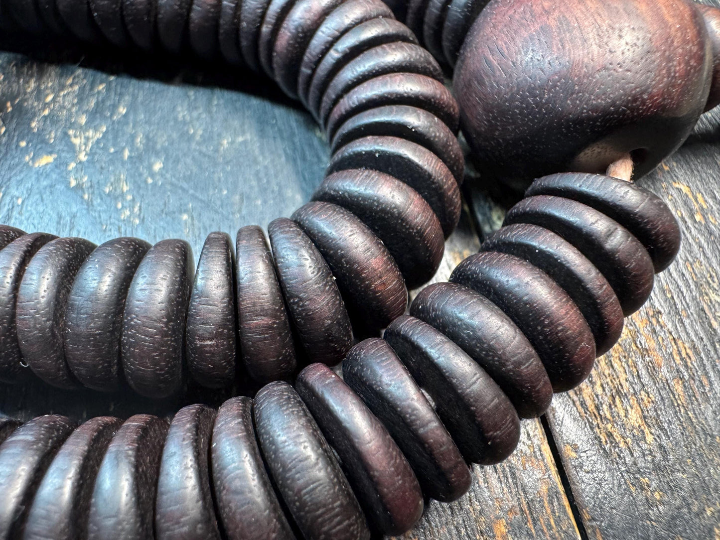 Vintage Large Bead Zitan Wood Mala Necklace – 108 Beads Buddhist Prayer Mala – Dark Patina Disc Beads Meditation Necklace – 18-19 Inches