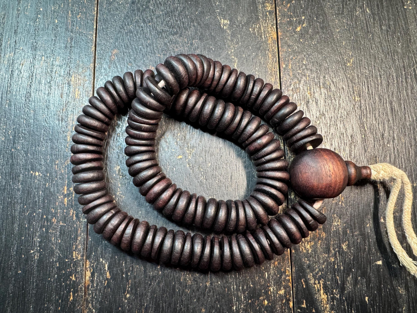 Vintage Large Bead Zitan Wood Mala Necklace – 108 Beads Buddhist Prayer Mala – Dark Patina Disc Beads Meditation Necklace – 18-19 Inches