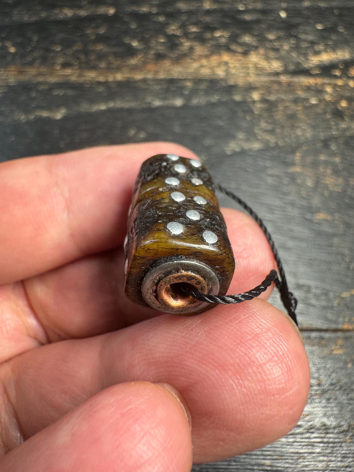 Vintage Tibetan Yak Bone Bead with Metal Inlay – Handcrafted Buddhist Amulet Component
