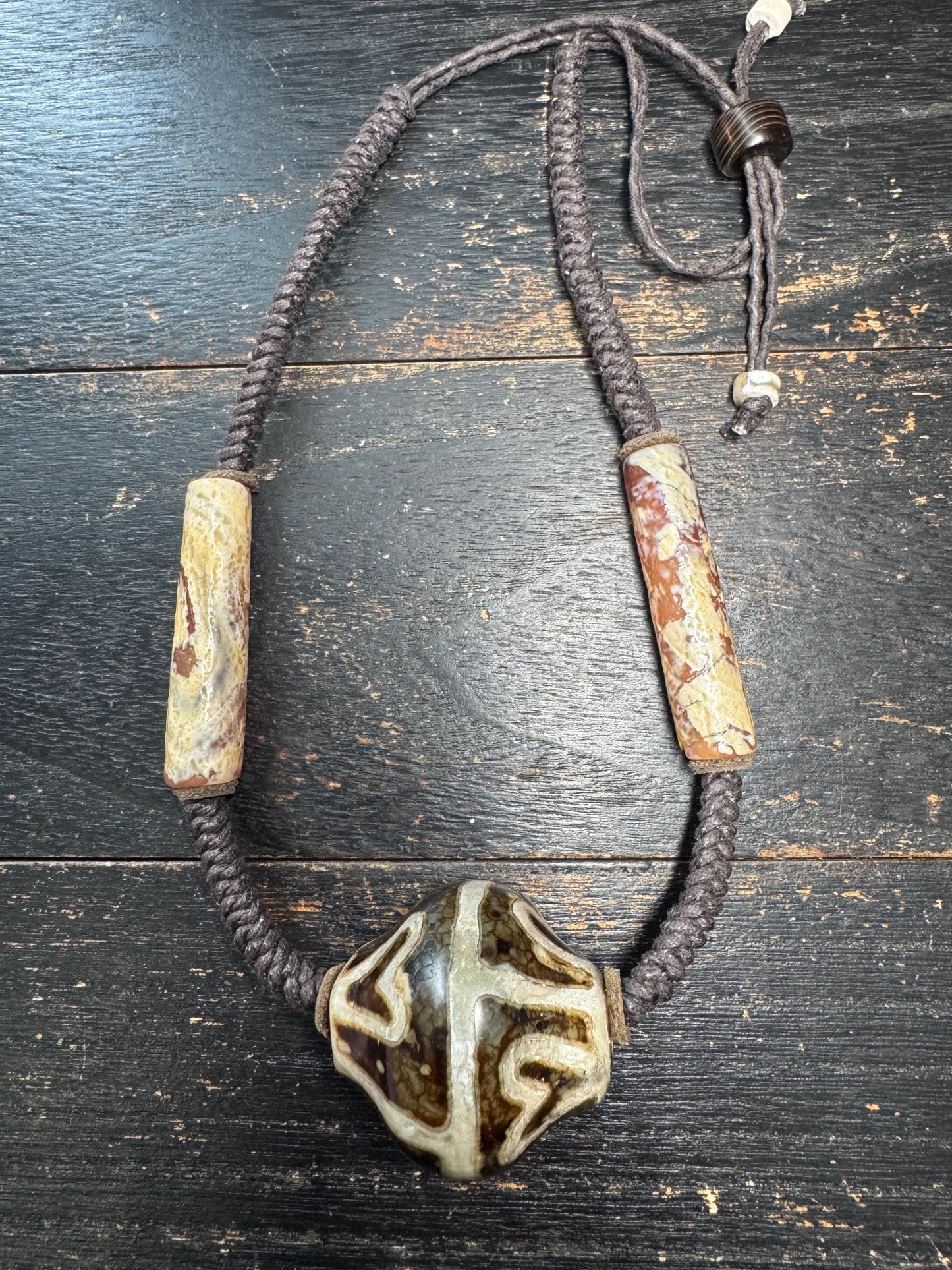 Lotus Dzi Necklace • Tibetan Style Lotus Dzi Pendant Necklace • Hand-Knotted Himalayan Agate Jewelry • Adjustable Spiritual Necklace