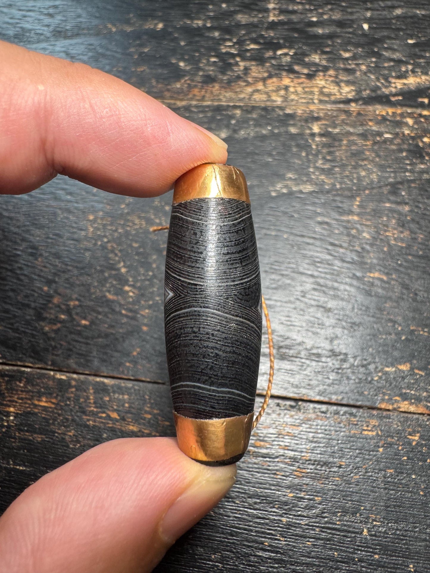 Black Eye Agate Dzi Style Bead Pendant • Vintage Banded Agate with Brass Caps • Tibetan Amulet • Himalayan Barrel Bead
