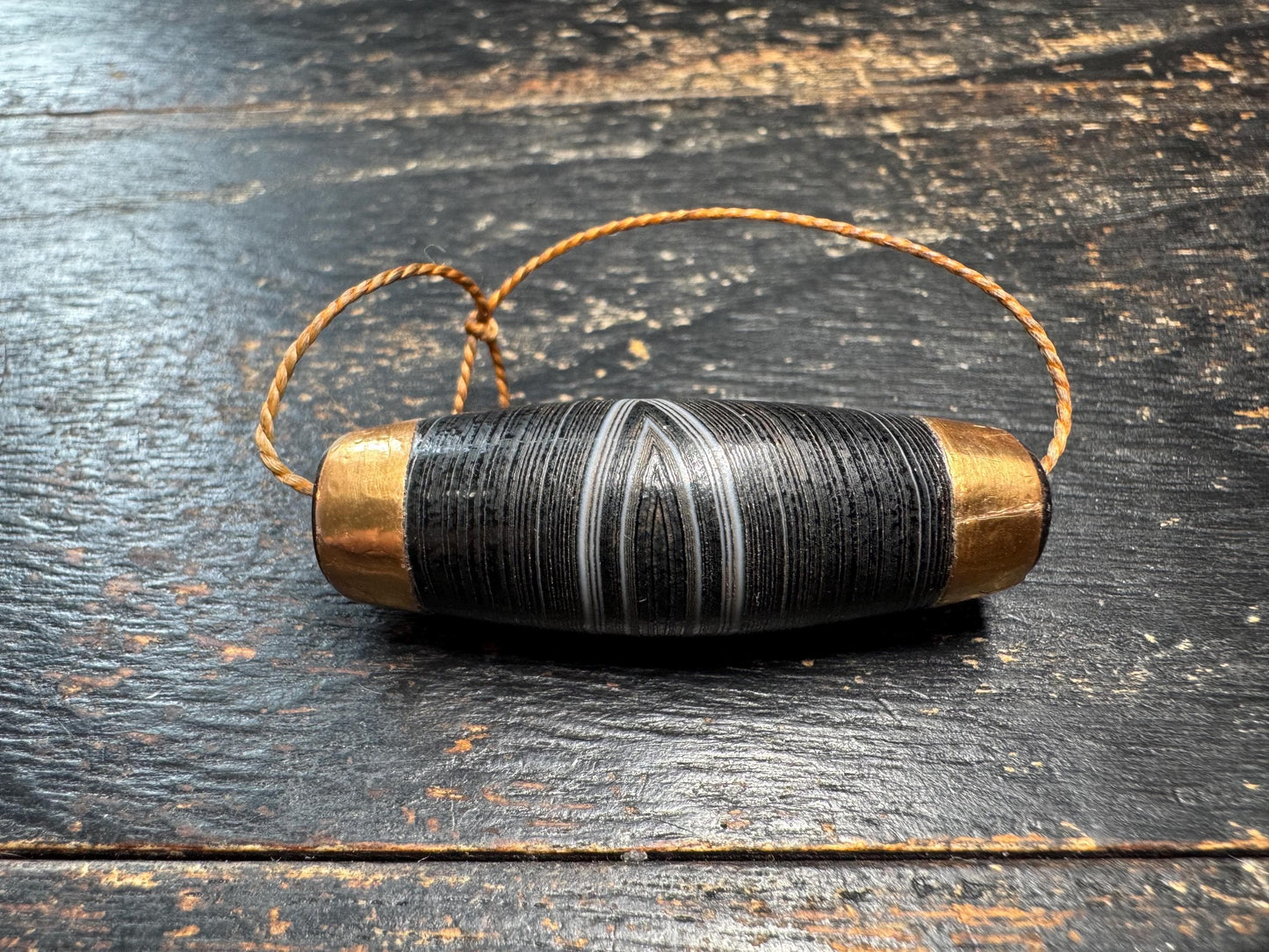 Black Eye Agate Dzi Style Bead Pendant • Vintage Banded Agate with Brass Caps • Tibetan Amulet • Himalayan Barrel Bead