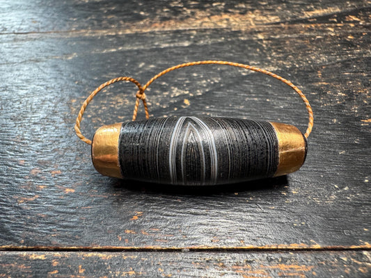 Black Eye Agate Dzi Style Bead Pendant • Vintage Banded Agate with Brass Caps • Tibetan Amulet • Himalayan Barrel Bead
