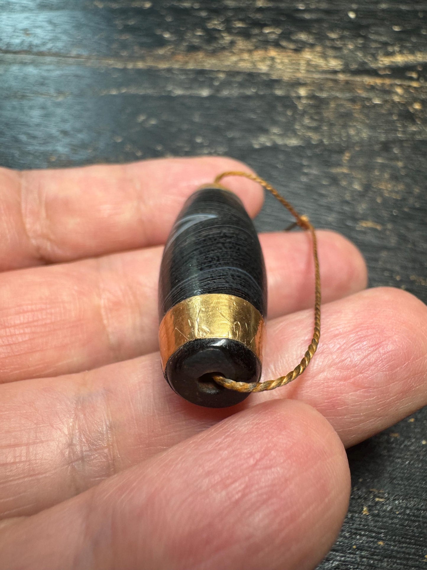 Black Eye Agate Dzi Style Bead Pendant • Vintage Banded Agate with Brass Caps • Tibetan Amulet • Himalayan Barrel Bead