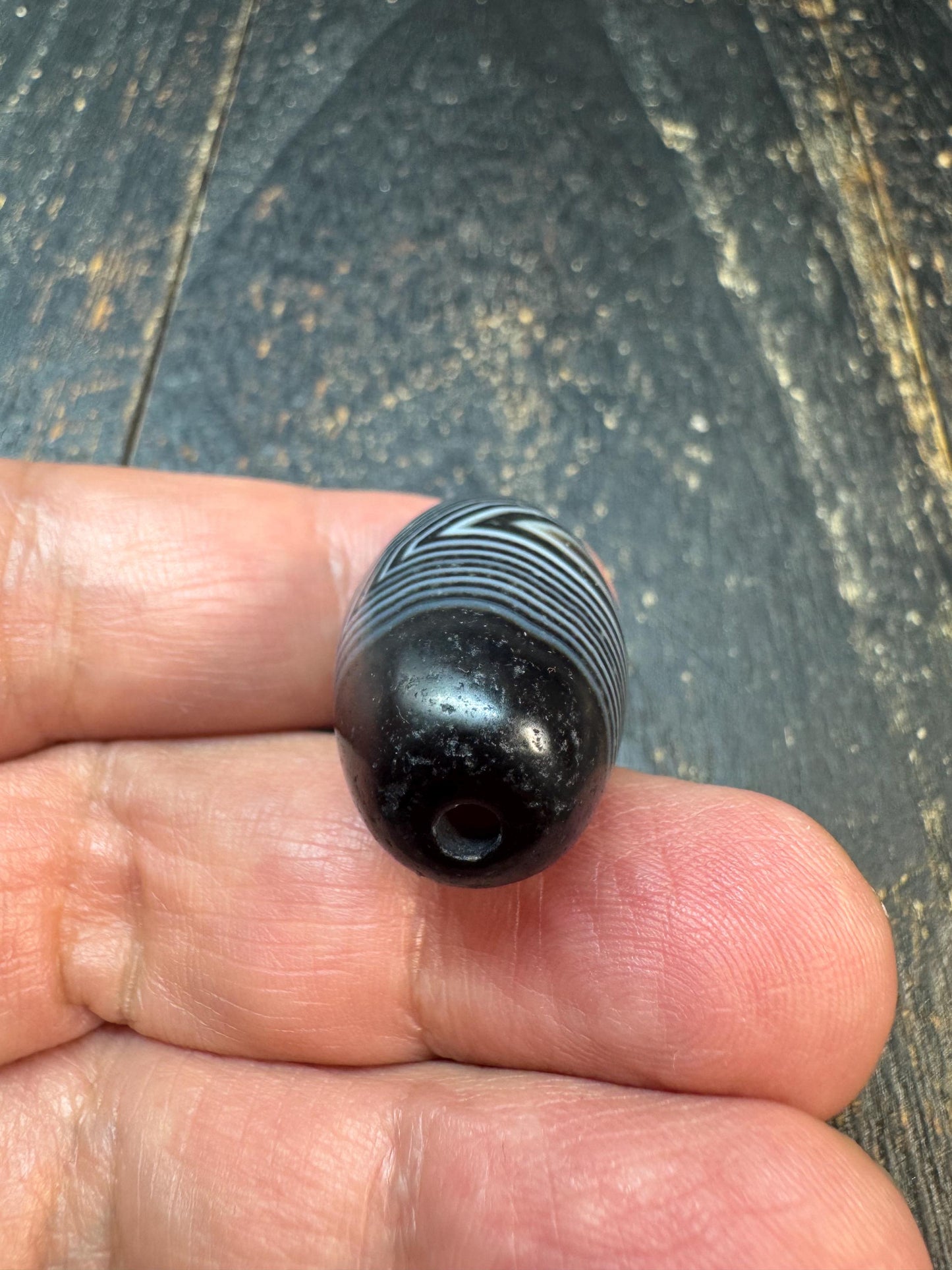 Vintage Black Banded Agate Dzi Style Bead Pendant, Eye Pattern Agate Guru Bead, Himalayan Tribal Jewelry Supply, Old Stripe Agate Barrel Bea