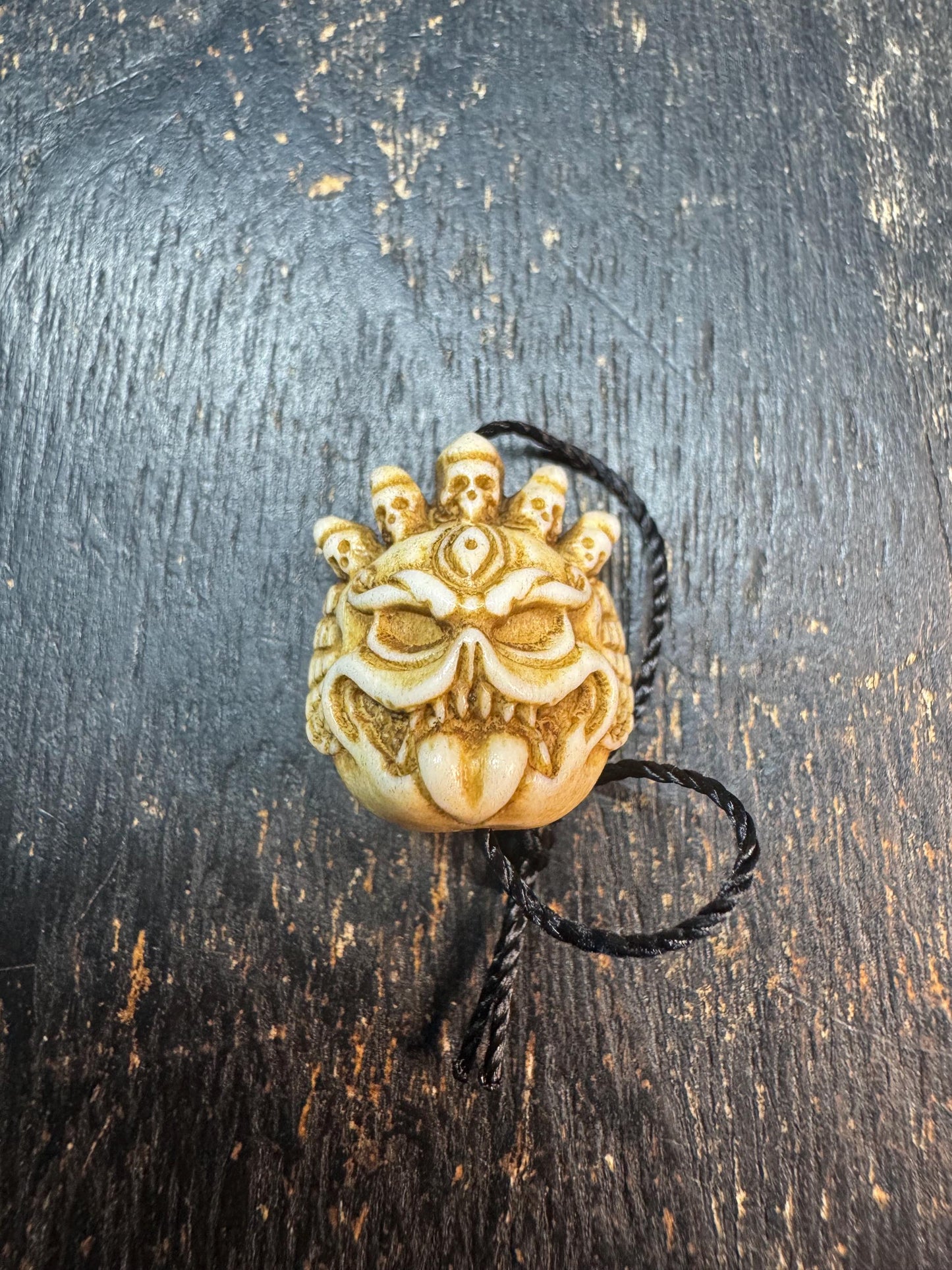 Hand Carved Deer Antler Wrathful Mask Bead, Tibetan Mahakala Style Pendant, Skull Crown Guardian Amulet, Himalayan Mala Guru Bead