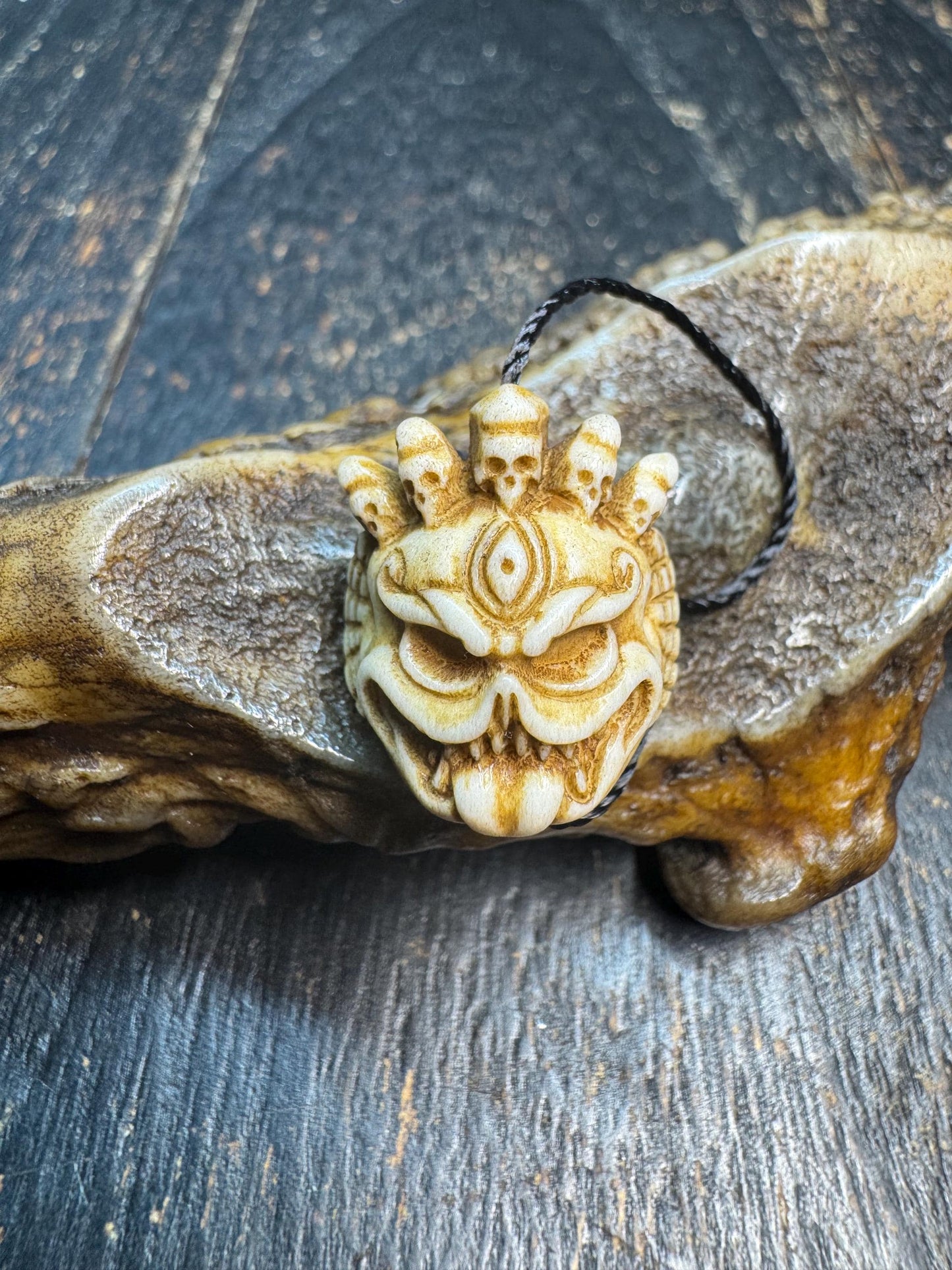 Hand Carved Deer Antler Wrathful Mask Bead, Tibetan Mahakala Style Pendant, Skull Crown Guardian Amulet, Himalayan Mala Guru Bead