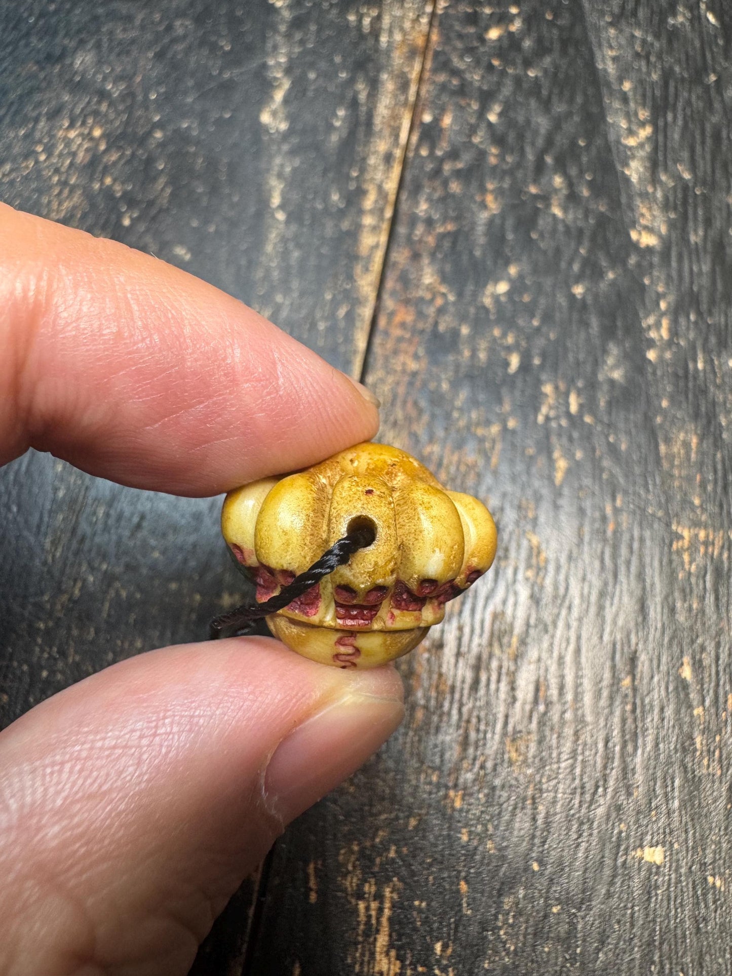 Hand Carved Skull Crown Face Bead Pendant, Deer Antler Tibetan Style Mask Charm, Color Accented Mala Guru Bead, Himalayan Gothic Amulet