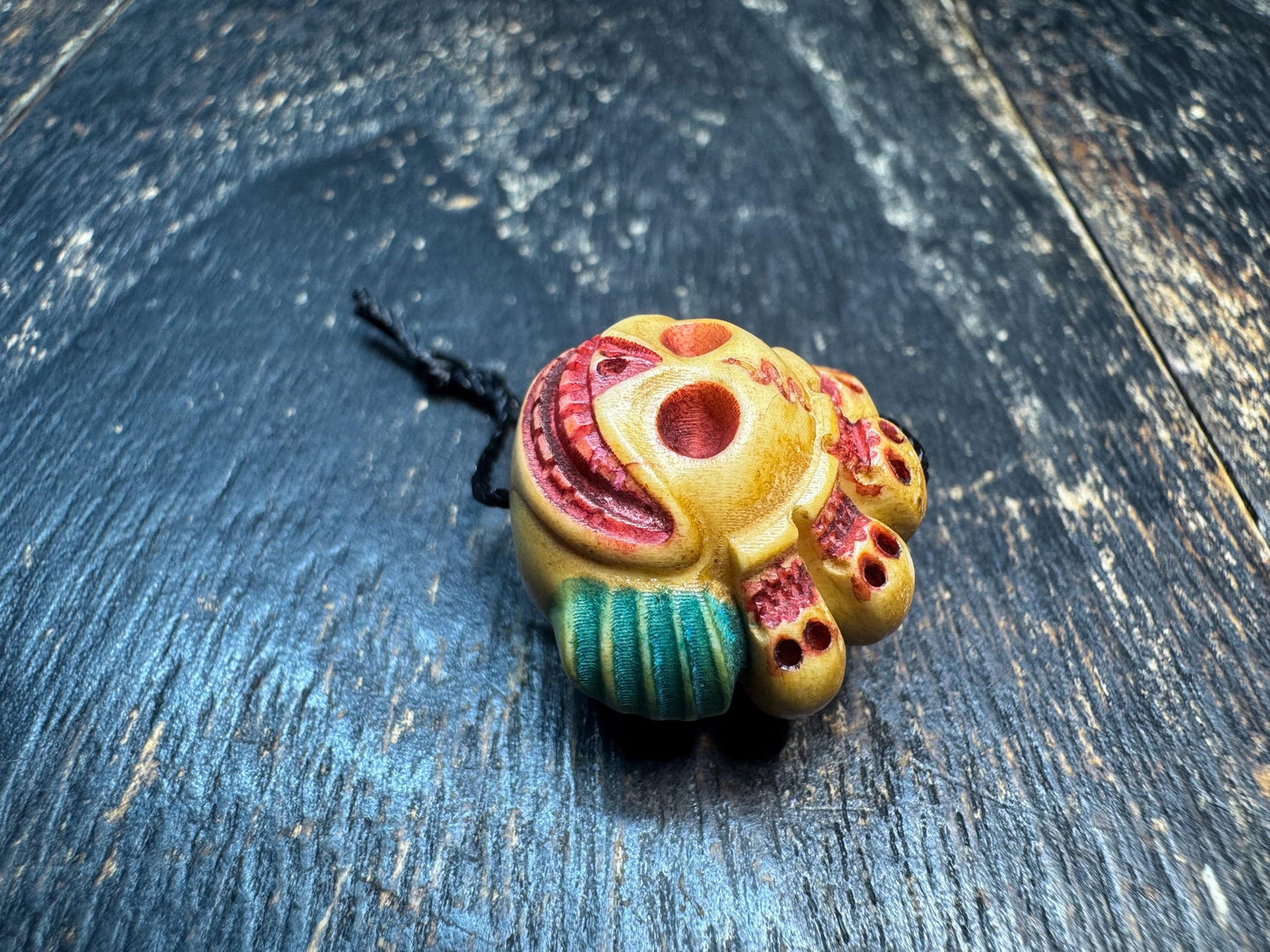 Hand Carved Skull Crown Face Bead Pendant, Deer Antler Tibetan Style Mask Charm, Color Accented Mala Guru Bead, Himalayan Gothic Amulet