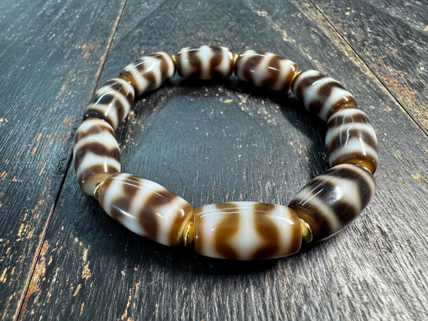 Vintage Tibetan Dzi Bead Bracelet – Brown & White Barrel Agate Beads, Himalayan Stretch Bracelet, Protection Jewelry