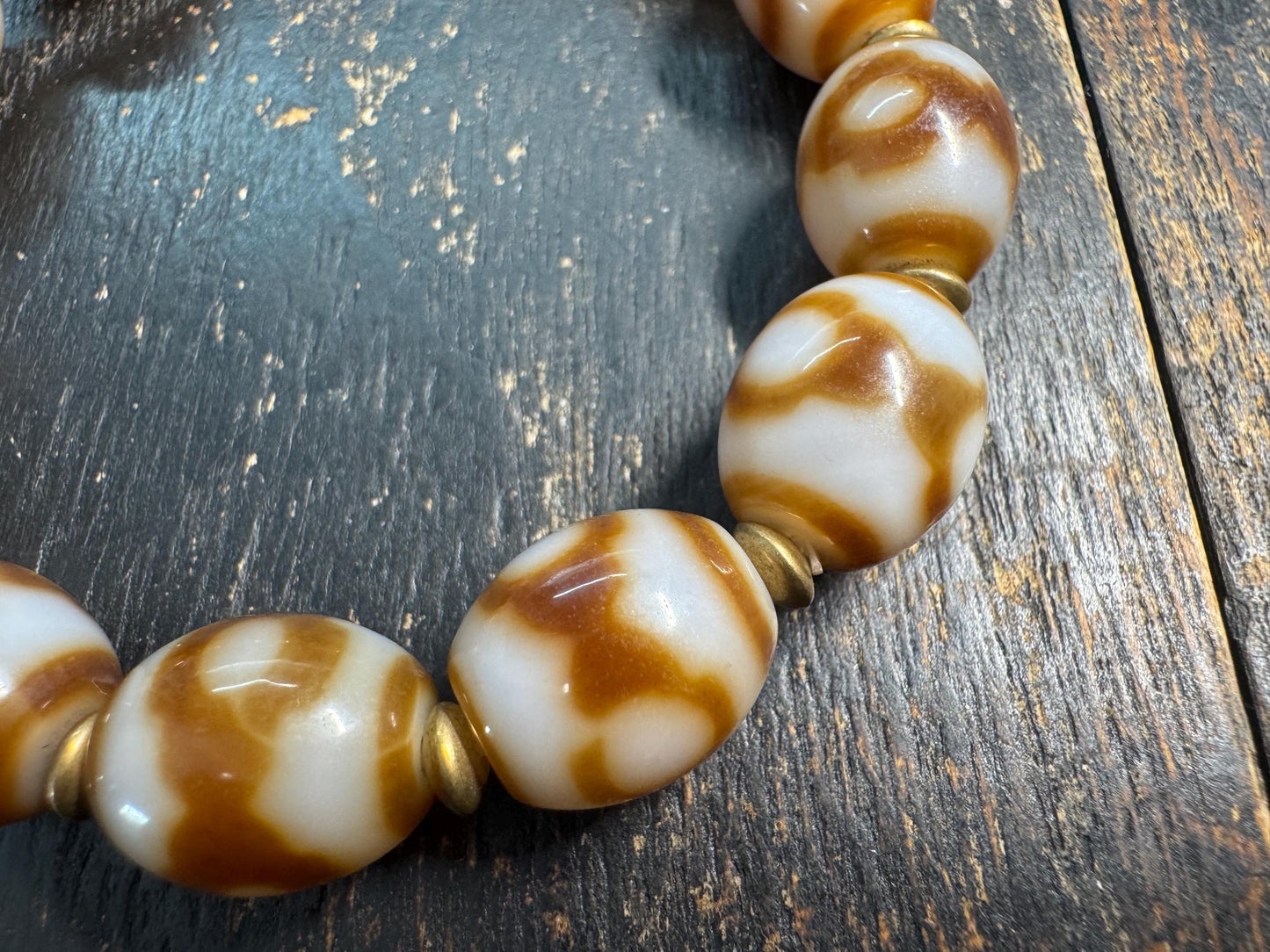 Vintage Three Eye Dzi Bead Bracelet, Tibetan Agate Bracelet, Brown White Barrel Beads, Himalayan Stretch Bracelet, Protection Jewelry