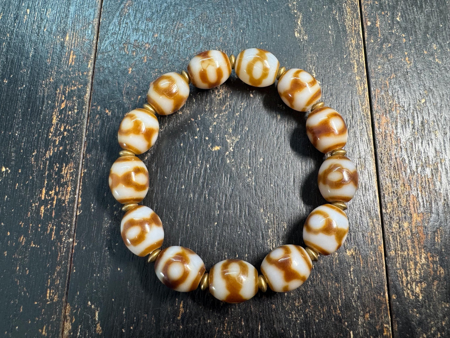 Vintage Three Eye Dzi Bead Bracelet, Tibetan Agate Bracelet, Brown White Barrel Beads, Himalayan Stretch Bracelet, Protection Jewelry