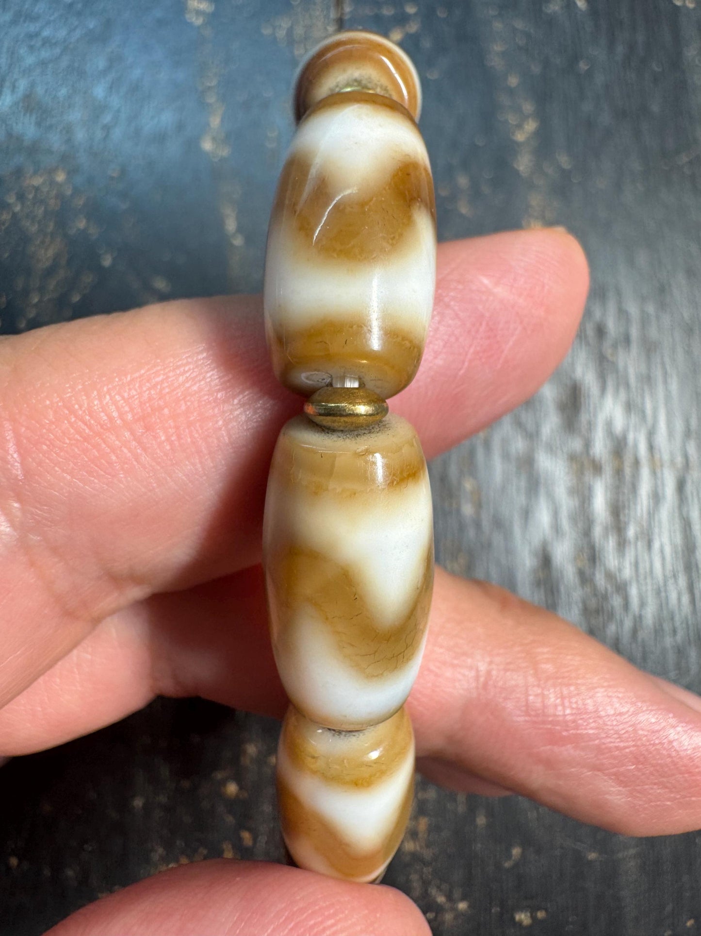 Vintage Tiger Tooth Dzi Bead Bracelet, Tibetan Agate Barrel Beads, Brown White Himalayan Bracelet, Tribal Protection Jewelry