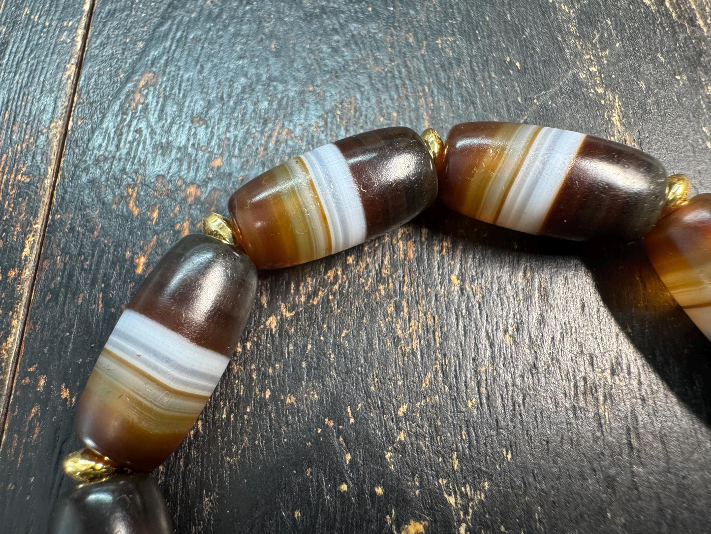 Vintage Tibetan Stripe Dzi Bead Bracelet, Banded Agate Barrel Beads, Brown White Himalayan Bracelet, Tribal Protection Jewelry