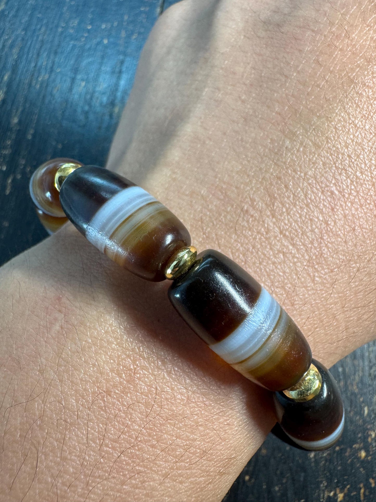 Vintage Tibetan Stripe Dzi Bead Bracelet, Banded Agate Barrel Beads, Brown White Himalayan Bracelet, Tribal Protection Jewelry