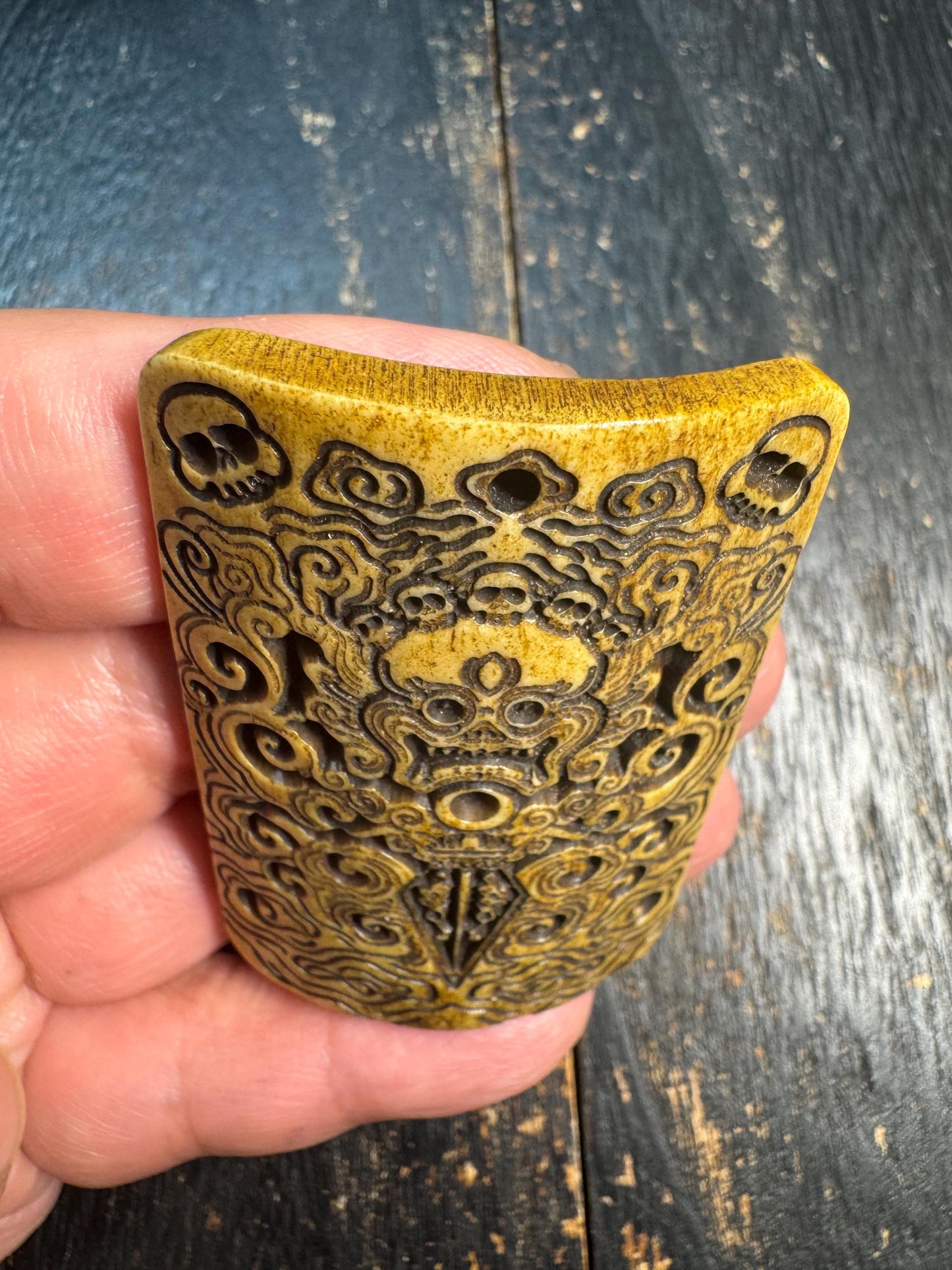 Hand Carved Yak Bone Skull Phurba Pendant, Tibetan Wrathful Protector Amulet, Citipati Style Bone Talisman, Ritual Dagger Motif Pendant
