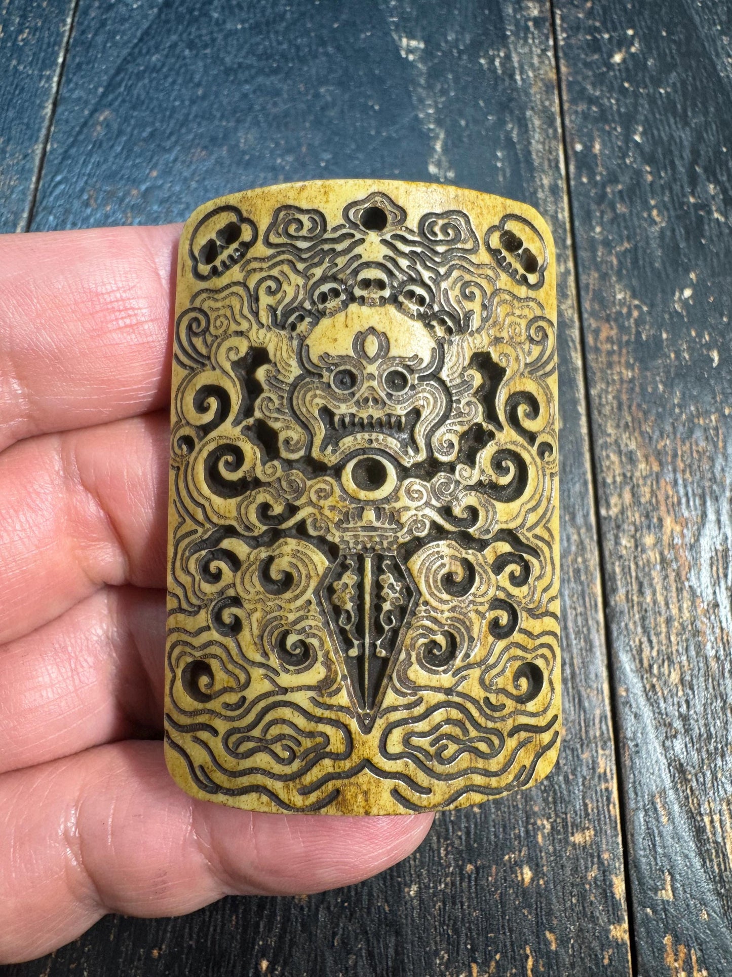 Hand Carved Yak Bone Skull Phurba Pendant, Tibetan Wrathful Protector Amulet, Citipati Style Bone Talisman, Ritual Dagger Motif Pendant