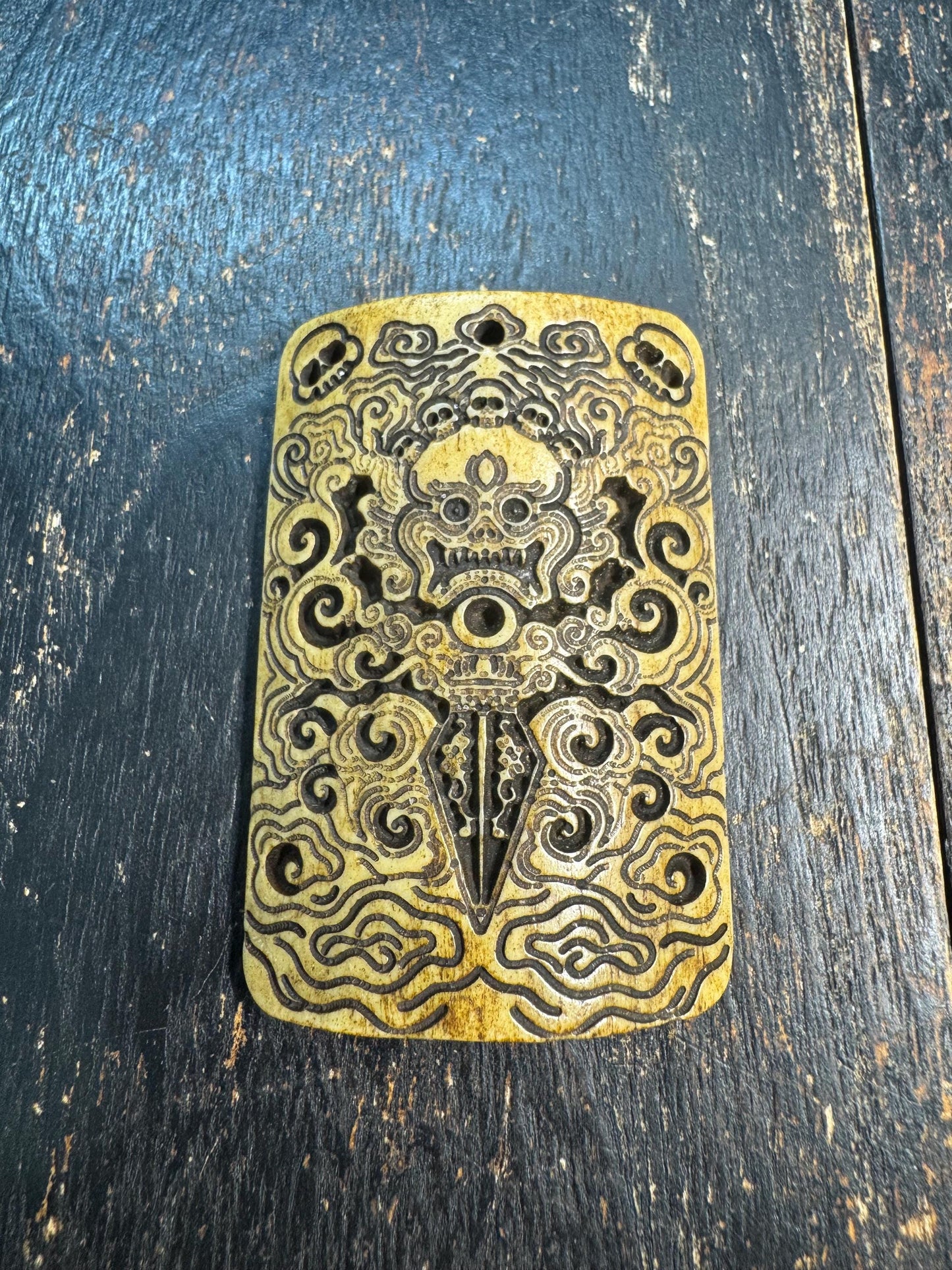 Hand Carved Yak Bone Skull Phurba Pendant, Tibetan Wrathful Protector Amulet, Citipati Style Bone Talisman, Ritual Dagger Motif Pendant