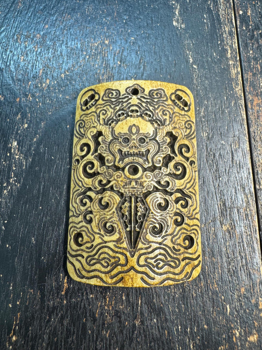 Hand Carved Yak Bone Skull Phurba Pendant, Tibetan Wrathful Protector Amulet, Citipati Style Bone Talisman, Ritual Dagger Motif Pendant