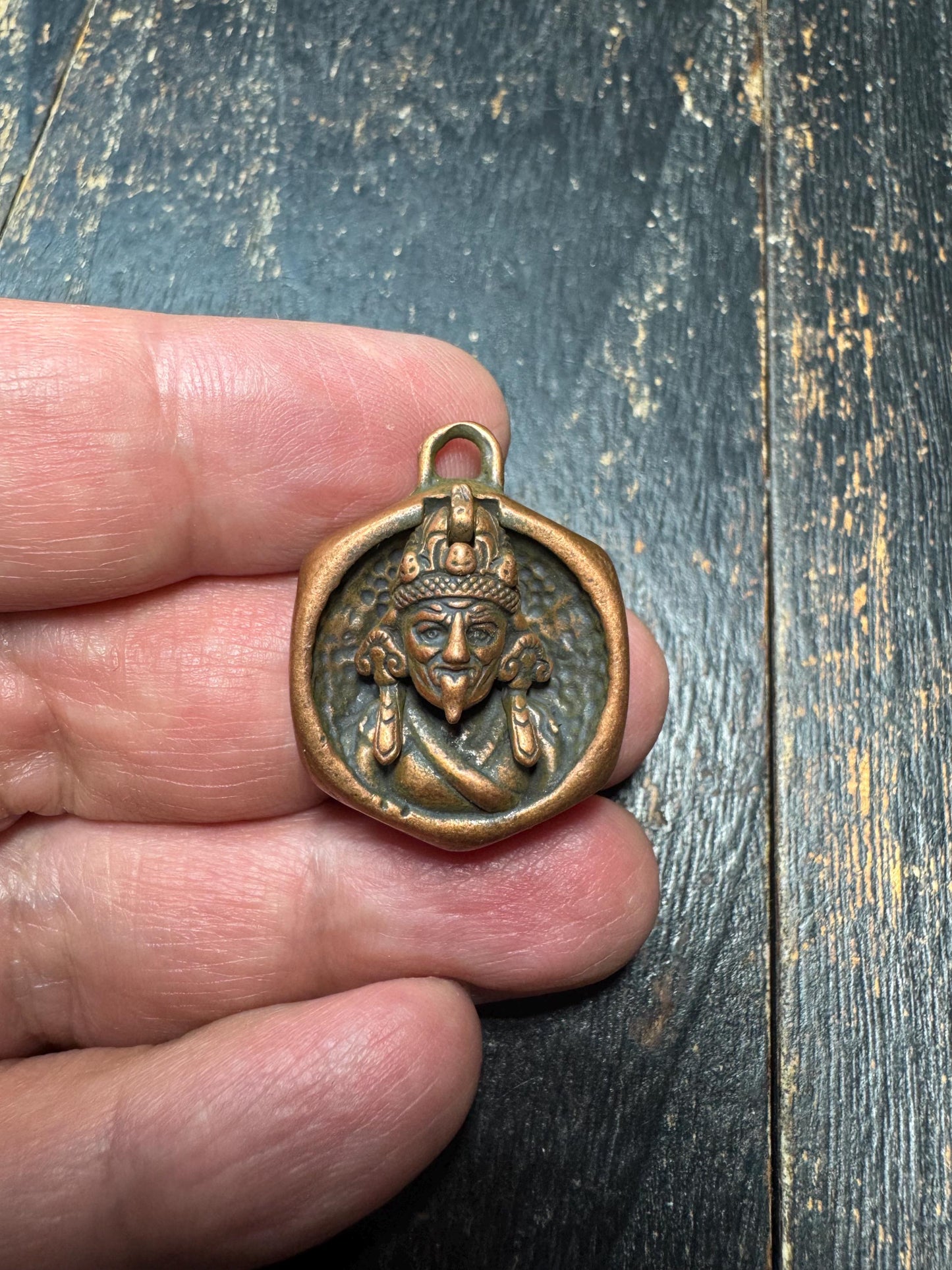 Vintage Brass Himalayan Protector Pendant – Dual-Sided Buddhist Amulet, Mahakala-Inspired Ritual Jewelry, Tibetan Brass Talisman