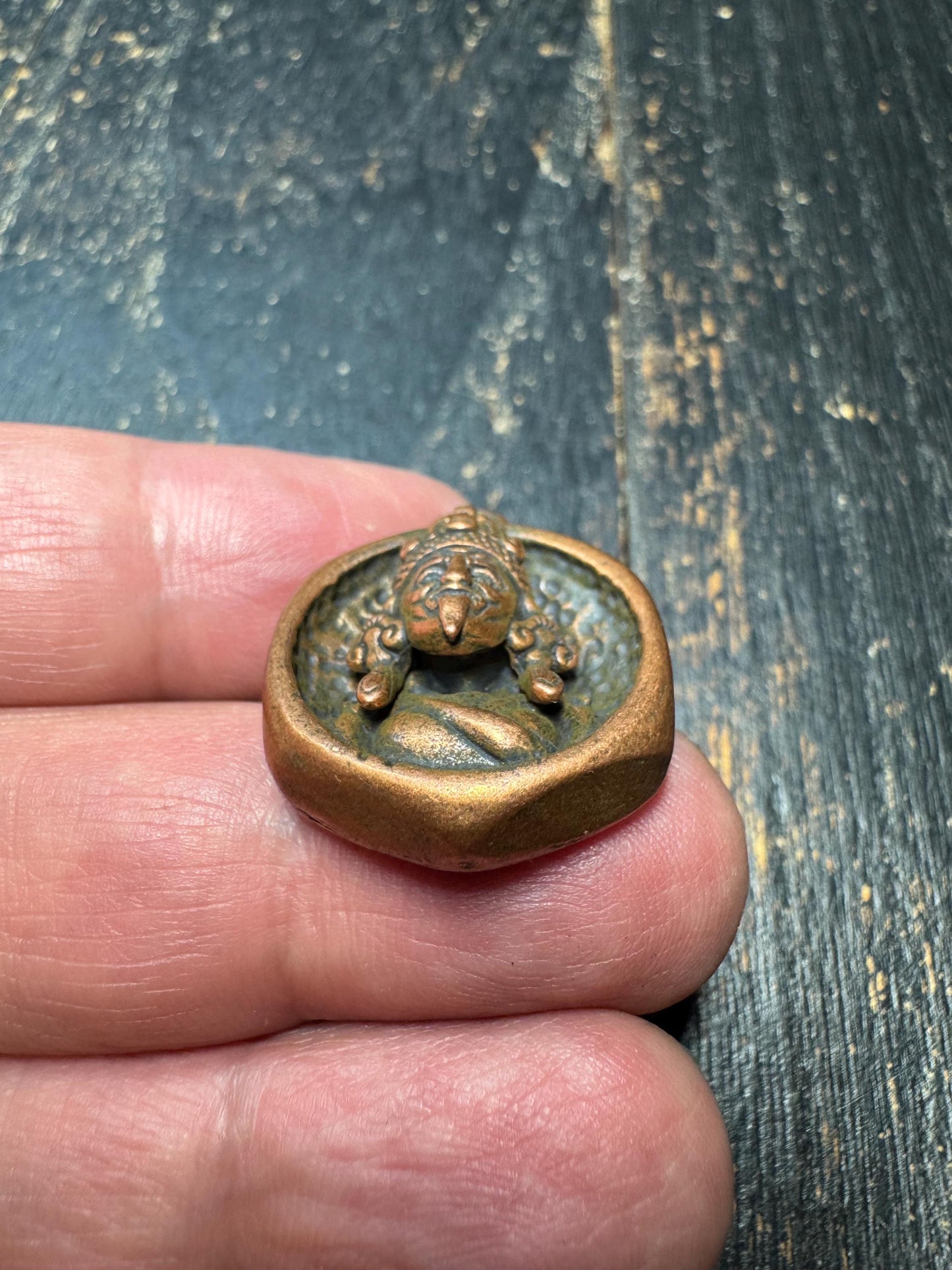 Vintage Brass Himalayan Protector Pendant – Dual-Sided Buddhist Amulet, Mahakala-Inspired Ritual Jewelry, Tibetan Brass Talisman