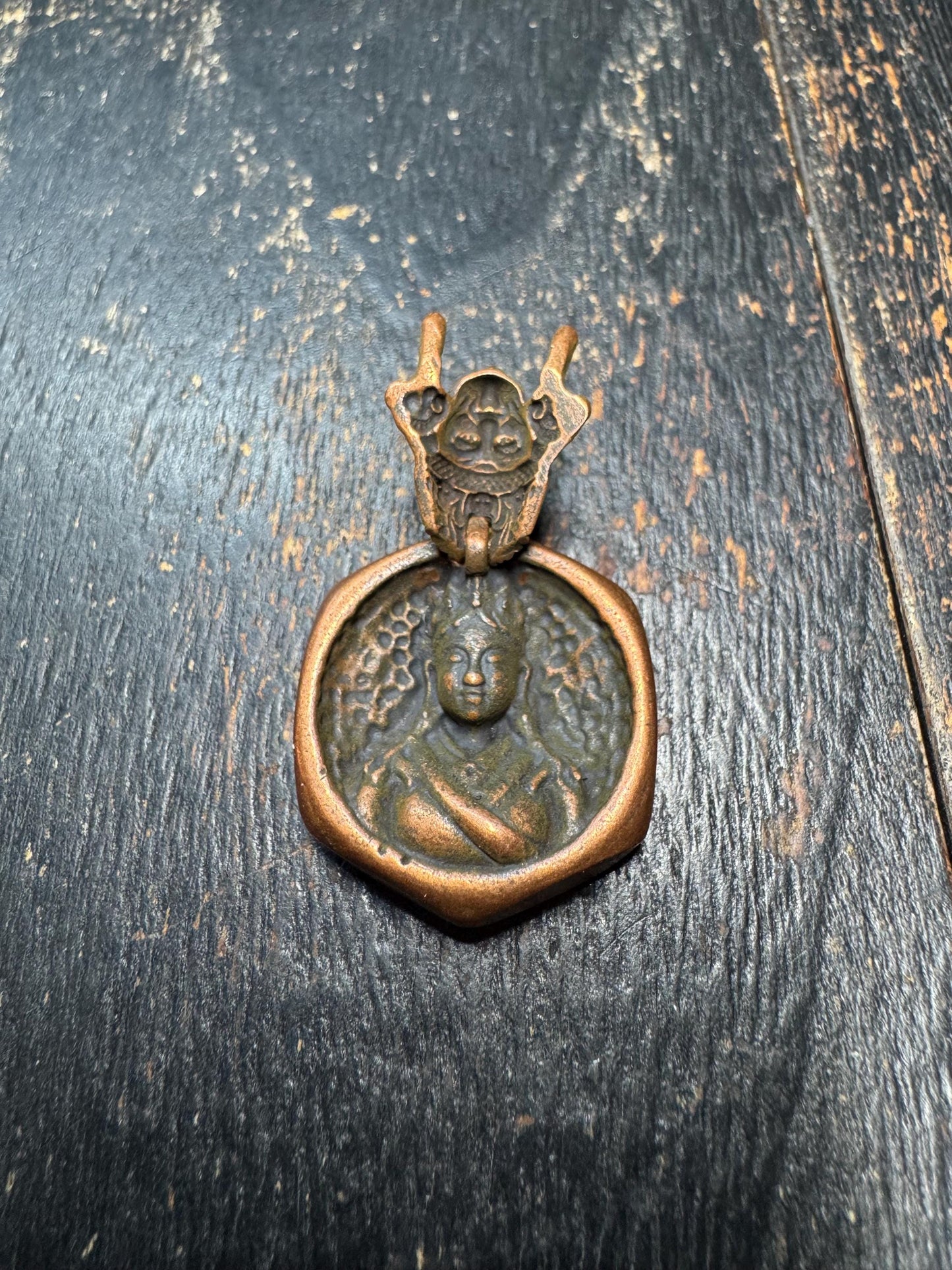 Vintage Brass Himalayan Protector Pendant – Dual-Sided Buddhist Amulet, Mahakala-Inspired Ritual Jewelry, Tibetan Brass Talisman