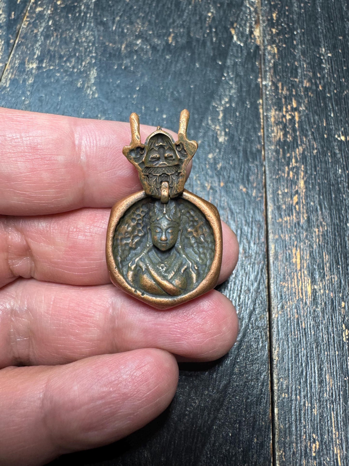 Vintage Brass Himalayan Protector Pendant – Dual-Sided Buddhist Amulet, Mahakala-Inspired Ritual Jewelry, Tibetan Brass Talisman