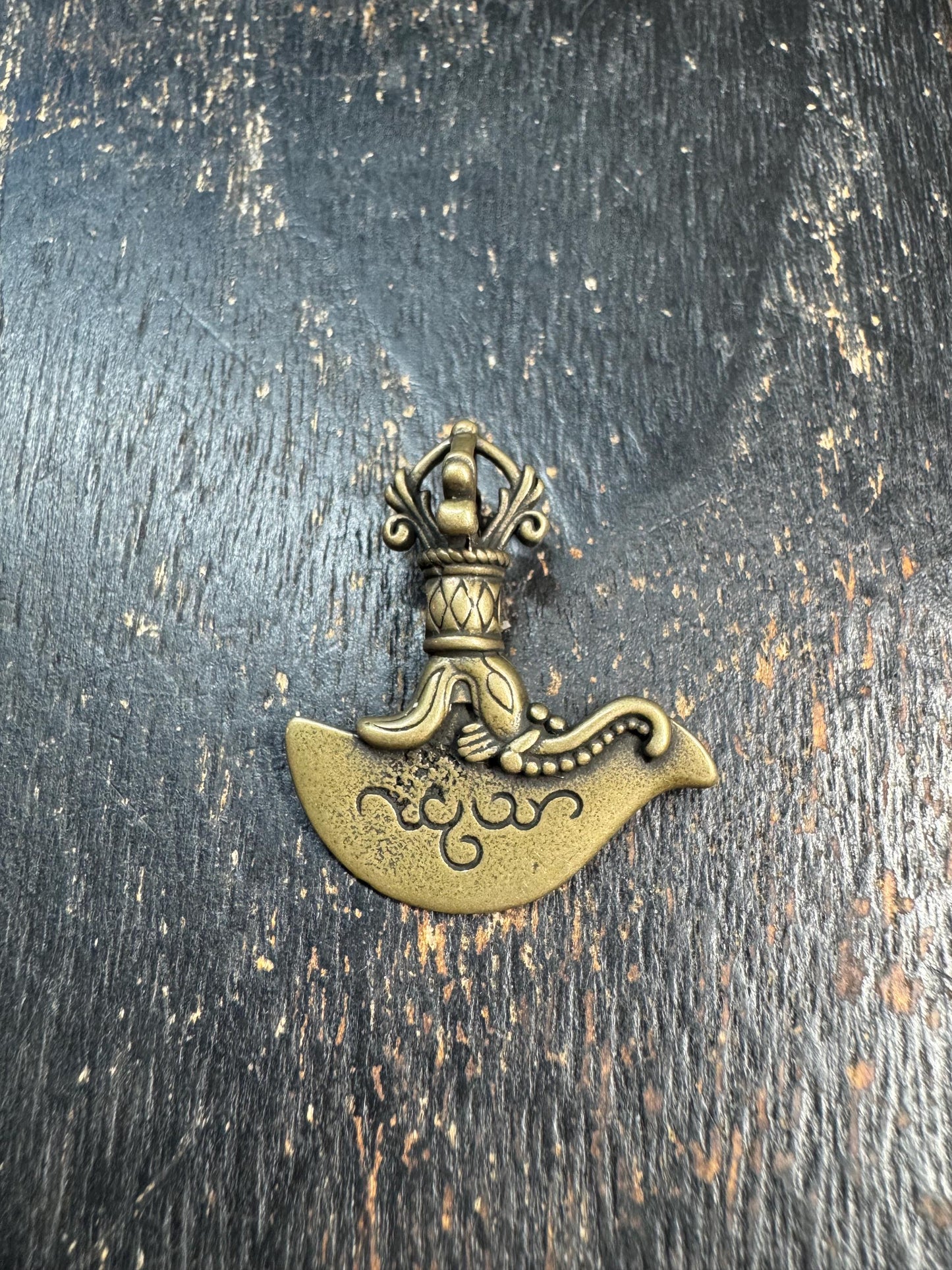 Vintage Brass Kartika Pendant • Tibetan Vajra Chopper Amulet • Curved Ritual Knife Charm • Buddhist Tantric Symbol • Himalayan Brass Pendant