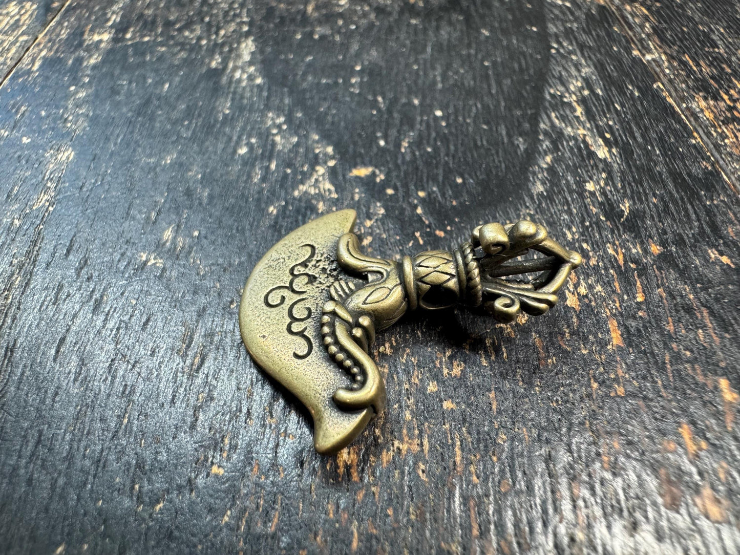 Vintage Brass Kartika Pendant • Tibetan Vajra Chopper Amulet • Curved Ritual Knife Charm • Buddhist Tantric Symbol • Himalayan Brass Pendant
