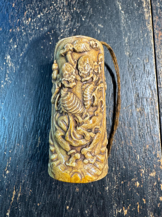 Hand Carved Hollow Yak Bone Citipati Pendant – Tibetan Style Skull Guardian Amulet, Dancing Skeleton Relief, Hollow Bone Container