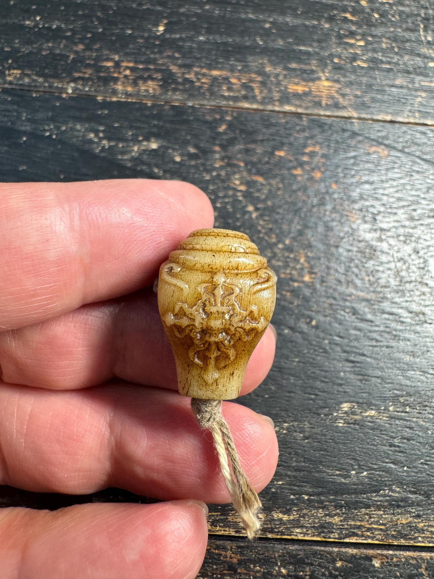Vintage Yak Bone Treasure Vase Guru Bead • Double Dorje Carving • Tibetan Three Hole Guru Bead • Hand Carved Mala Center Bead