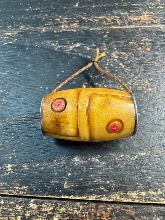 Vintage Tibetan Bone Barrel Bead • Dzi Shape Center Bead • Coral & Turquoise Accent Inlays • Metal Spacer Mounted Guru Bead • Himalayan Jewe
