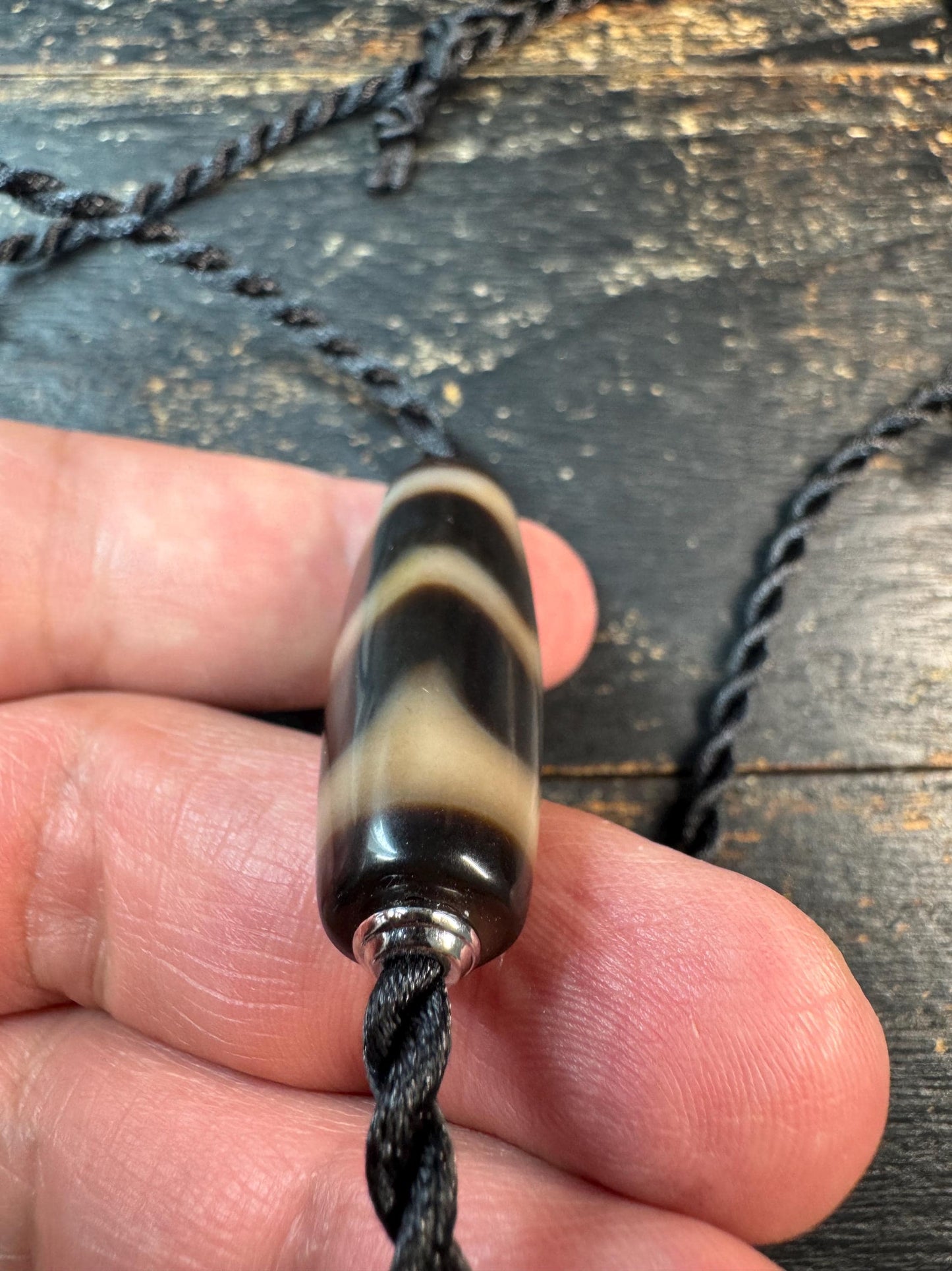Water Pattern Dzi Agate Pendant Necklace • Adjustable Cord Necklace • Himalayan Style Etched Agate Bead • Flowing Water Motif Amulet • Unise