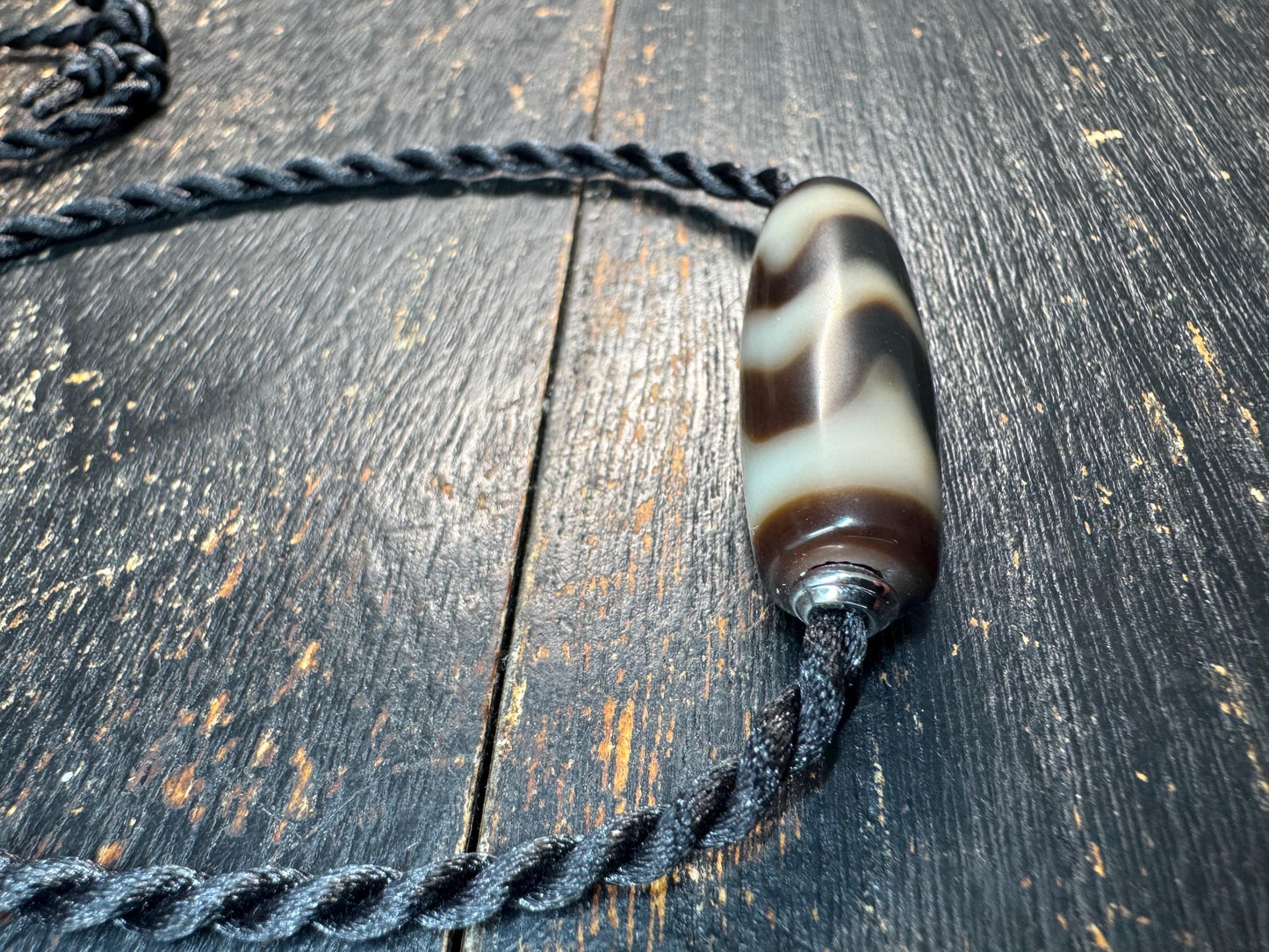 Water Pattern Dzi Agate Pendant Necklace • Adjustable Cord Necklace • Himalayan Style Etched Agate Bead • Flowing Water Motif Amulet • Unise