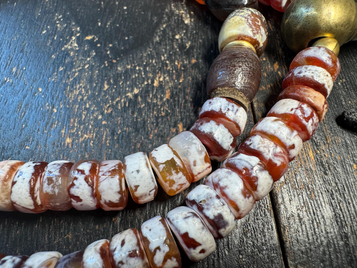 Vintage Tibetan Style Agate Mala Necklace, 108 Bead Prayer Mala, Red White Banded Agate Rondelle Beads, Adjustable Buddhist(H716)