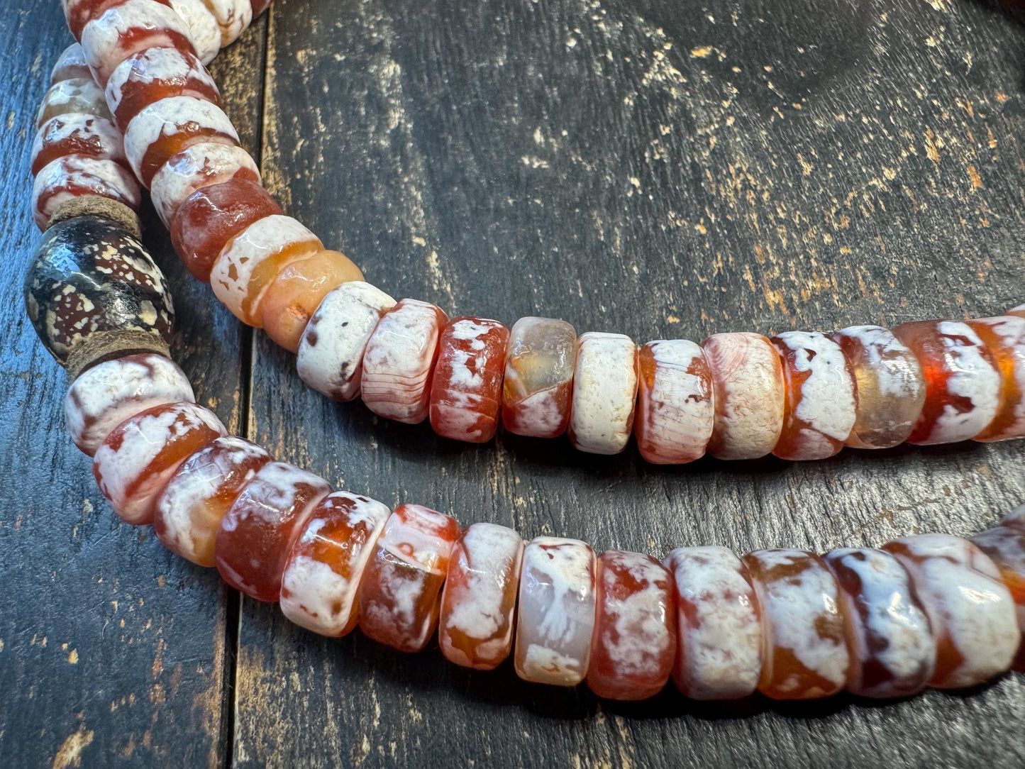 Vintage Tibetan Style Agate Mala Necklace, 108 Bead Prayer Mala, Red White Banded Agate Rondelle Beads, Adjustable Buddhist(H716)