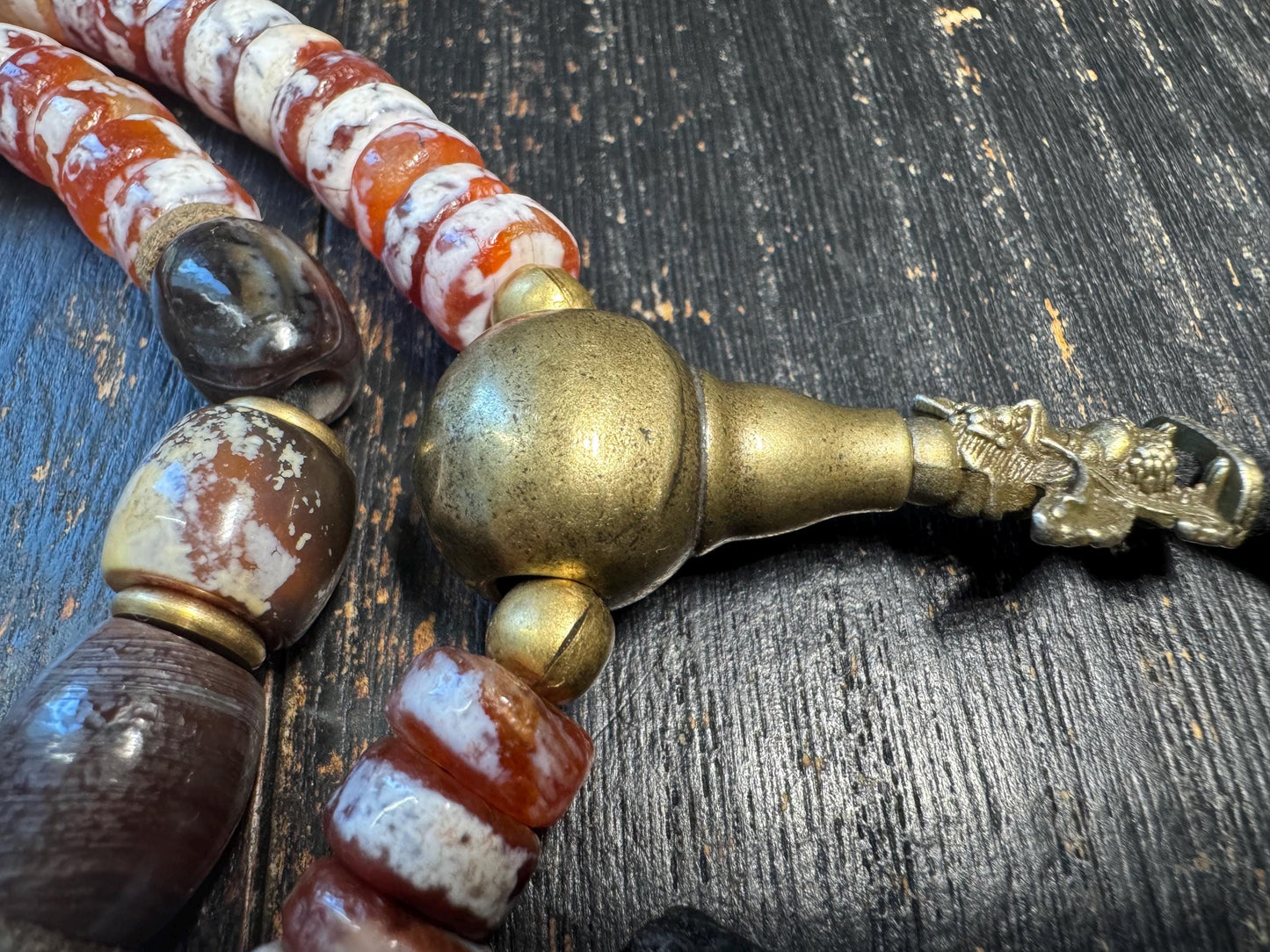Vintage Tibetan Style Agate Mala Necklace, 108 Bead Prayer Mala, Red White Banded Agate Rondelle Beads, Adjustable Buddhist(H716)