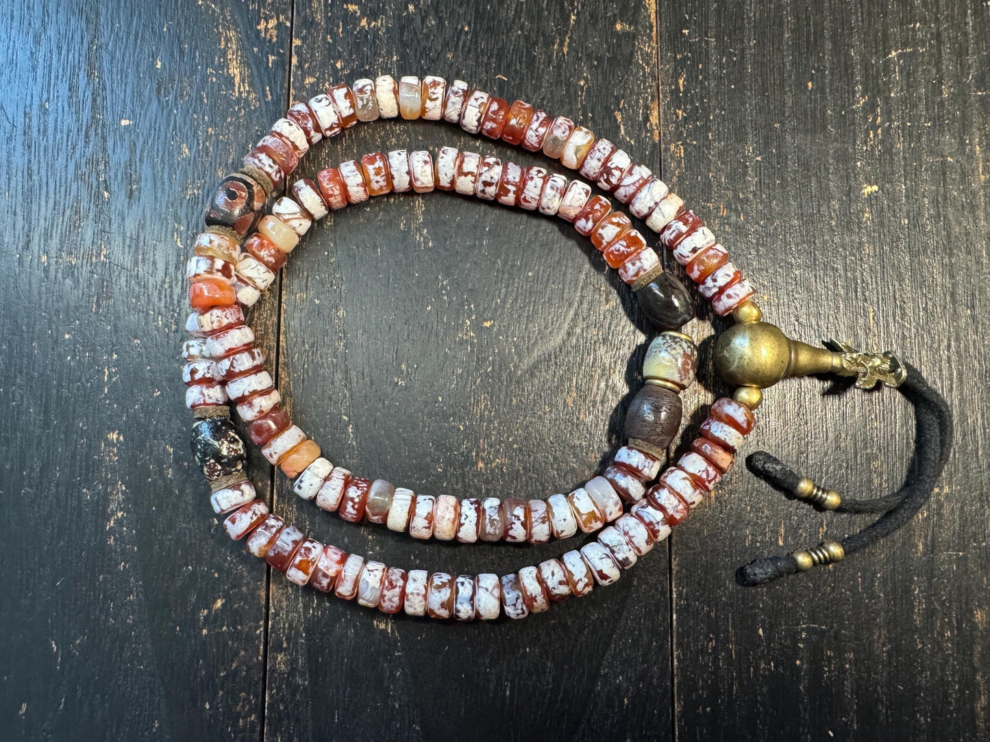 Vintage Tibetan Style Agate Mala Necklace, 108 Bead Prayer Mala, Red White Banded Agate Rondelle Beads, Adjustable Buddhist(H716)