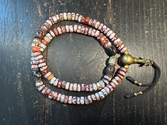 Vintage Tibetan Style Agate Mala Necklace, 108 Bead Prayer Mala, Red White Banded Agate Rondelle Beads, Adjustable Buddhist(H716)
