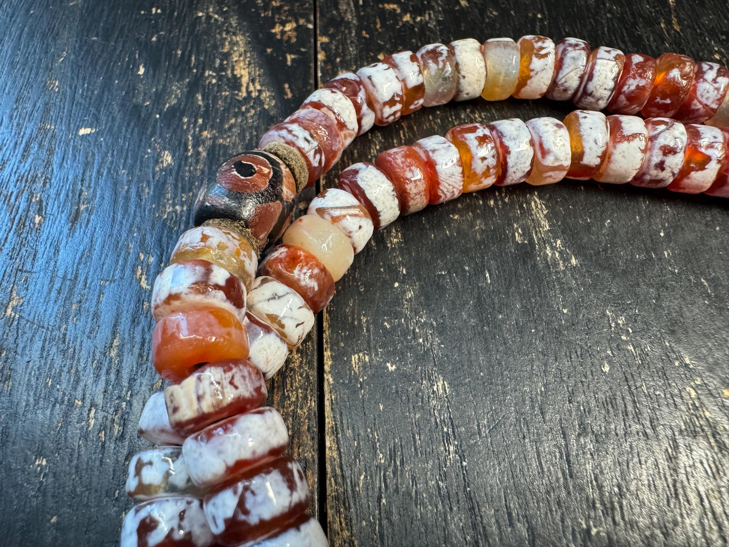 Vintage Tibetan Style Agate Mala Necklace, 108 Bead Prayer Mala, Red White Banded Agate Rondelle Beads, Adjustable Buddhist(H716)