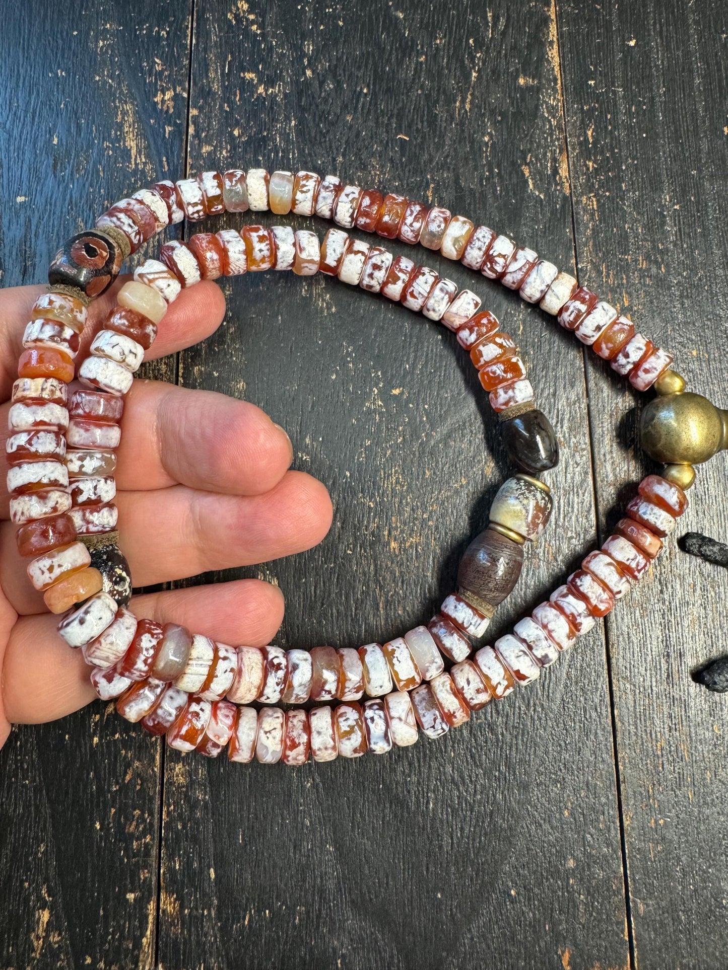 Vintage Tibetan Style Agate Mala Necklace, 108 Bead Prayer Mala, Red White Banded Agate Rondelle Beads, Adjustable Buddhist(H716)
