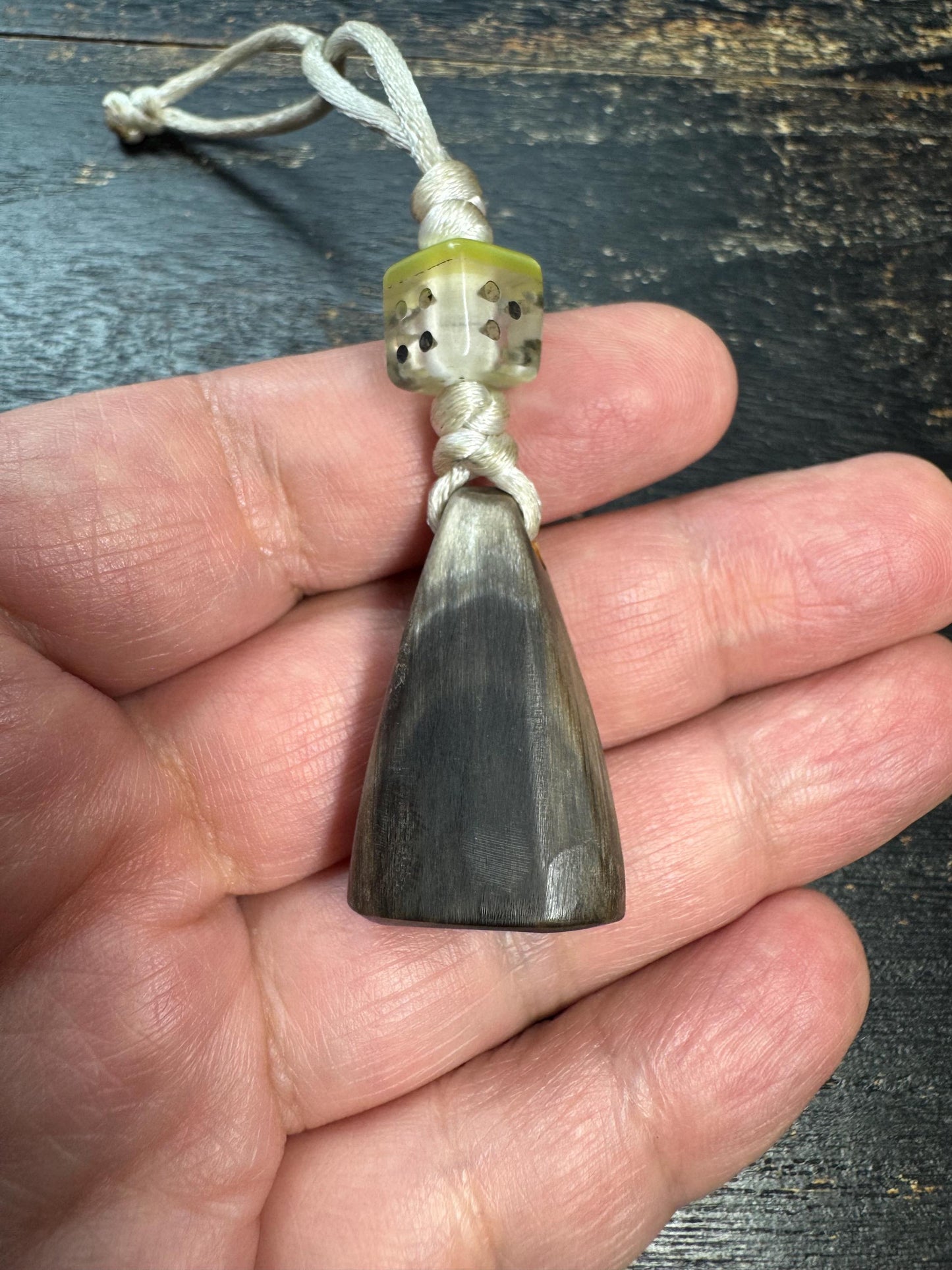 Vintage Himalayan Horn Pendant with Brass Black Jambhala, Tibetan Wealth Deity Amulet, Nepal Folk Art Talisman, Handcrafted Horn Charm