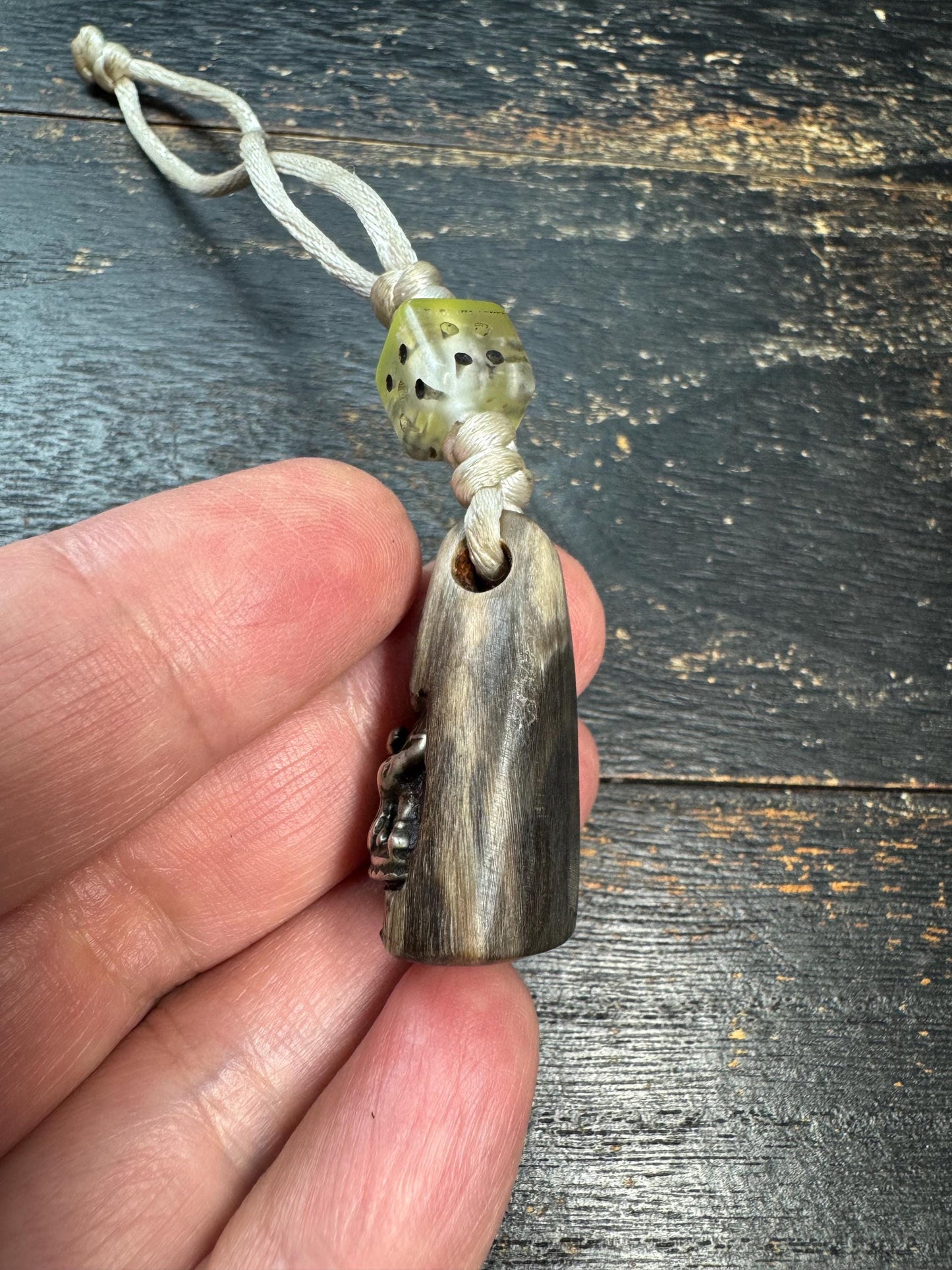 Vintage Himalayan Horn Pendant with Brass Black Jambhala, Tibetan Wealth Deity Amulet, Nepal Folk Art Talisman, Handcrafted Horn Charm