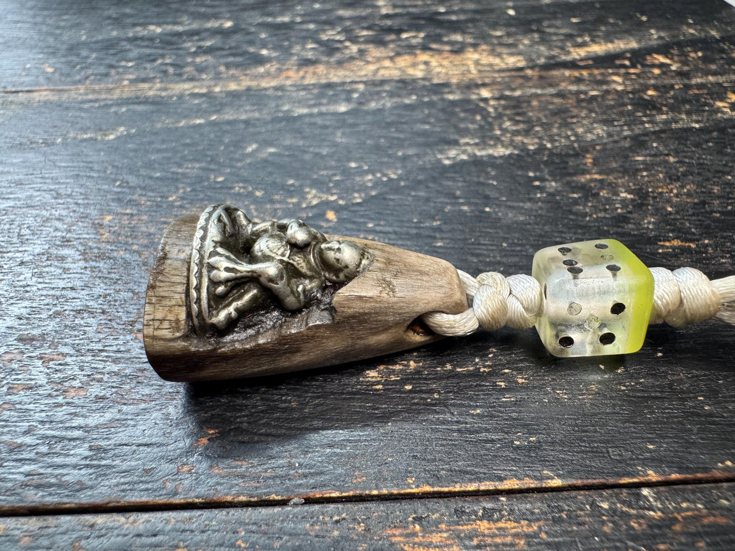 Vintage Himalayan Horn Pendant with Brass Black Jambhala, Tibetan Wealth Deity Amulet, Nepal Folk Art Talisman, Handcrafted Horn Charm
