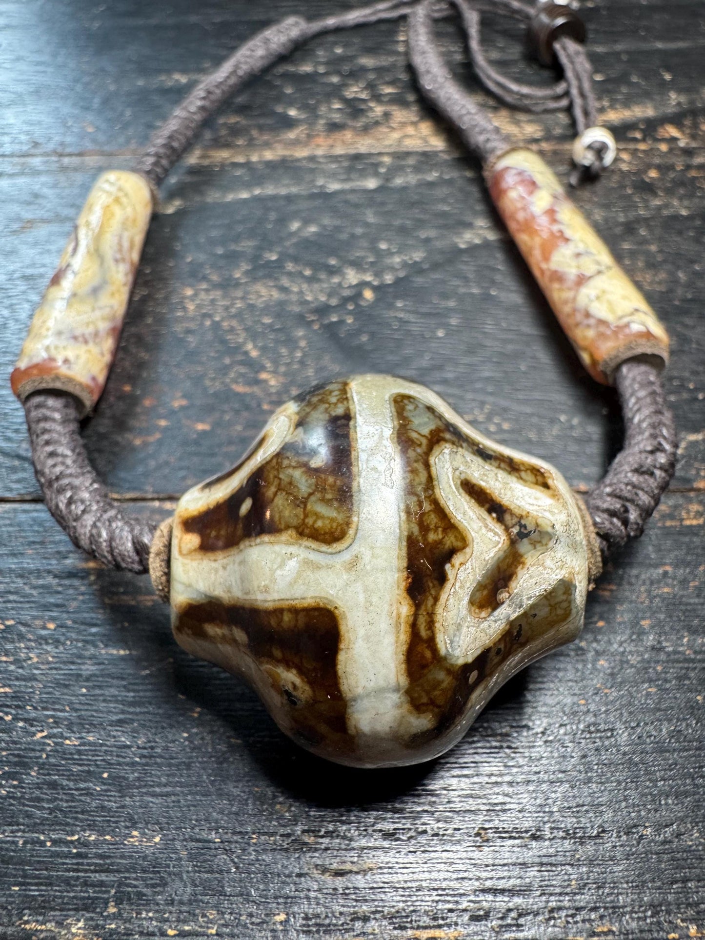 Lotus Dzi Necklace • Tibetan Style Lotus Dzi Pendant Necklace • Hand-Knotted Himalayan Agate Jewelry • Adjustable Spiritual Necklace